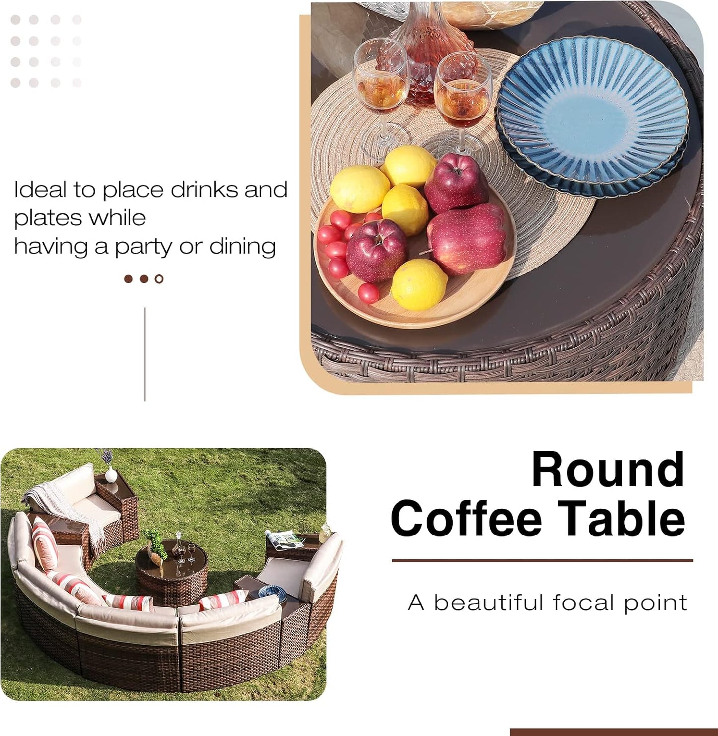 SUNSITT Outdoor Patio Furniture 11-Piece Half-Moon Sectional Round Patio Furniture Set Curved Outdoor Sofa with Tempered Glass Round Coffee Table, 4 Pillows, Brown Rattan