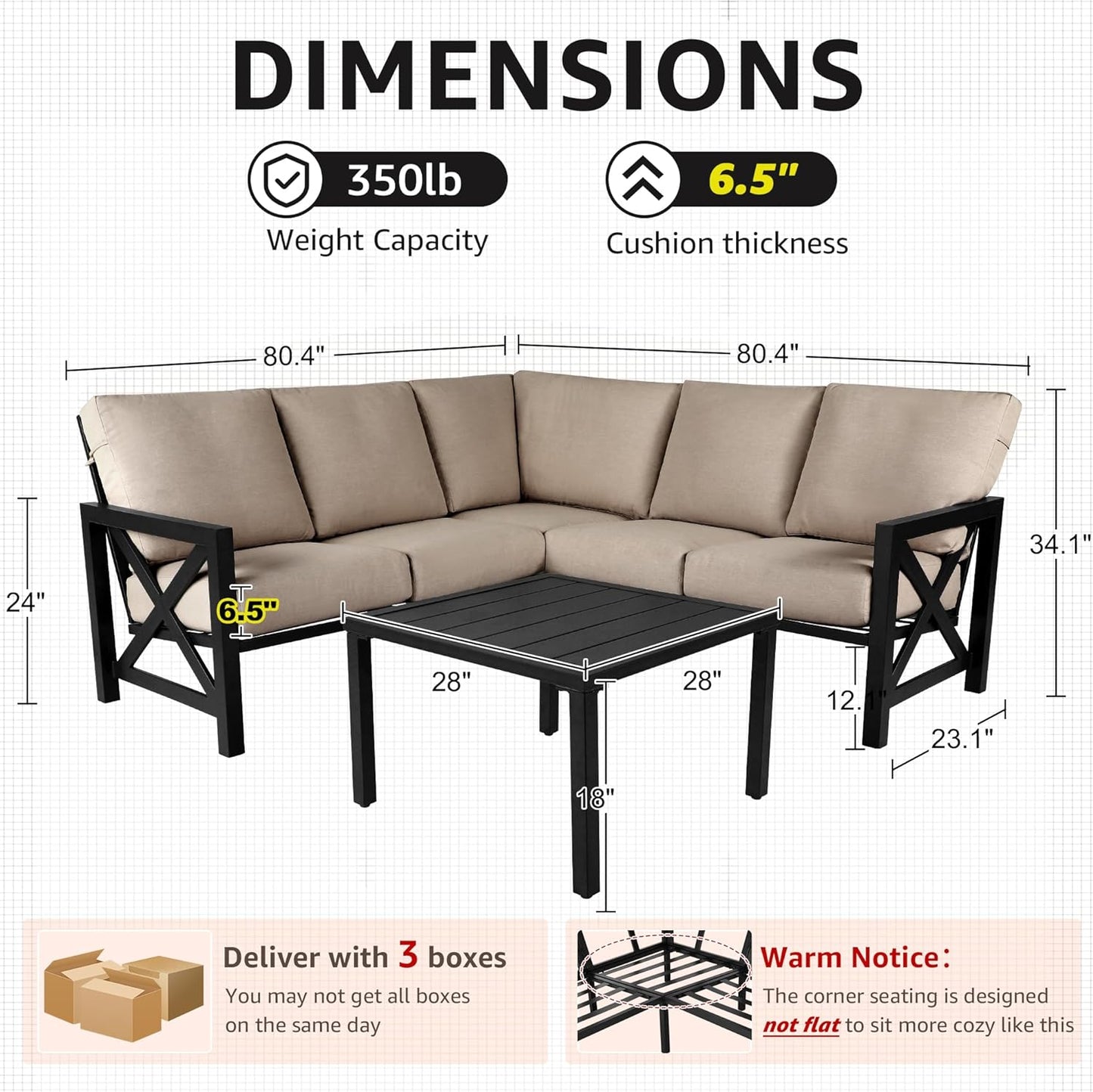 NATURAL EXPRESSIONS 6 Pieces Patio Furniture Sets,Outdoor Furniture Sets Metal Patio L Shape Sectional Couch Sofa Conversation Sets with 6.5" Shale Cushions,HighBack Hand-Brush Black Frame