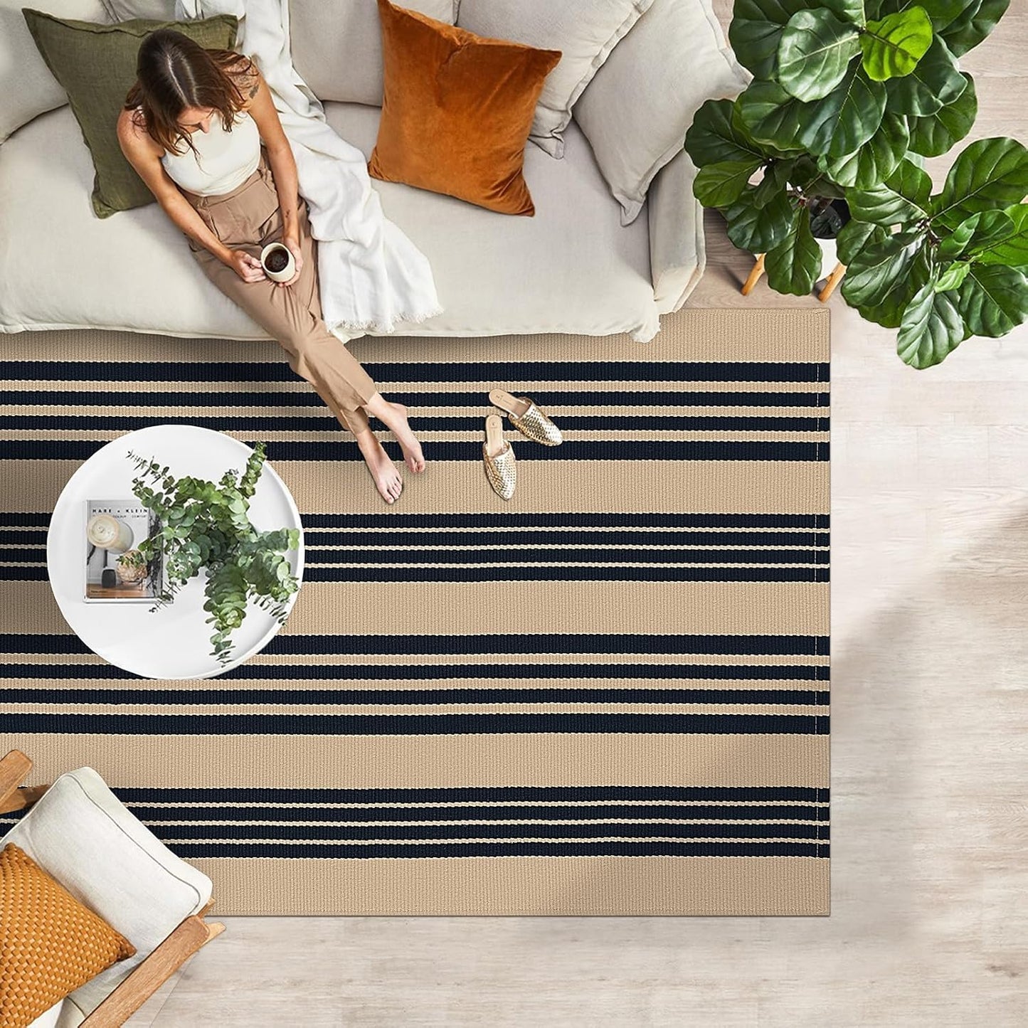 IOHOUZE Black and Tan Striped Rug 4'x6' Front Door Rugs Outdoor, Washable Area Rug for Double Front Porch, Large Patio Rug Outdoor Indoor, Doormat for Entryway Porch Entrance