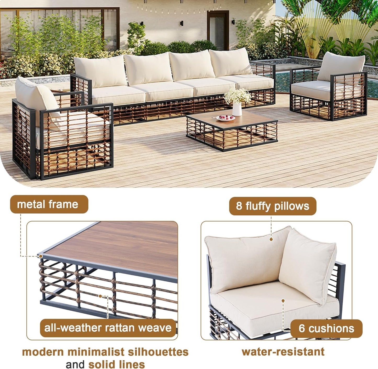 7-Piece Metal Patio Sectional Sofa Set, Free Combination Sofa Set with Coffee Table, All-Weather Garden Conversational Furniture Set with Thick Cushions and 8 Pillows (Dark Gray Frame+Brown Cushion)