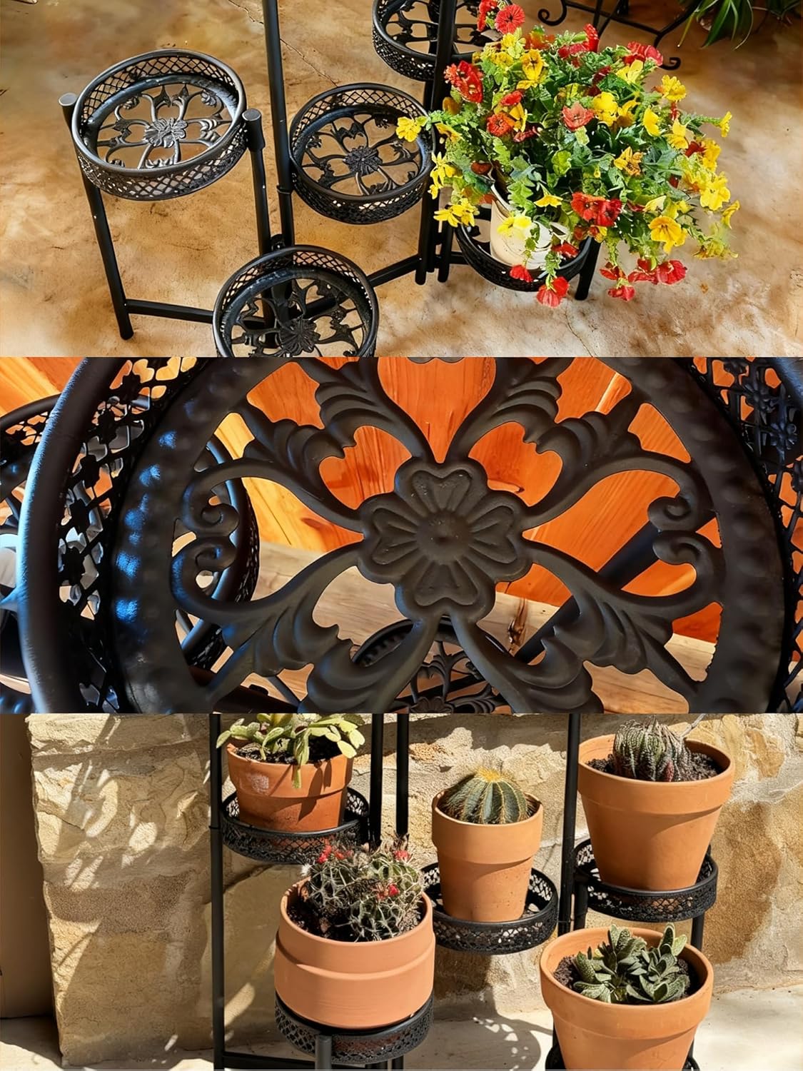 Plant Stand Indoor Outdoor, 5 Tier Corner Metal Flower Display Holder Shelf, Folding Tall Rack for Patio Balcony Porch Garden Living Room House, Heavy Duty Wrought Iron Plant Shelf- BlackWave