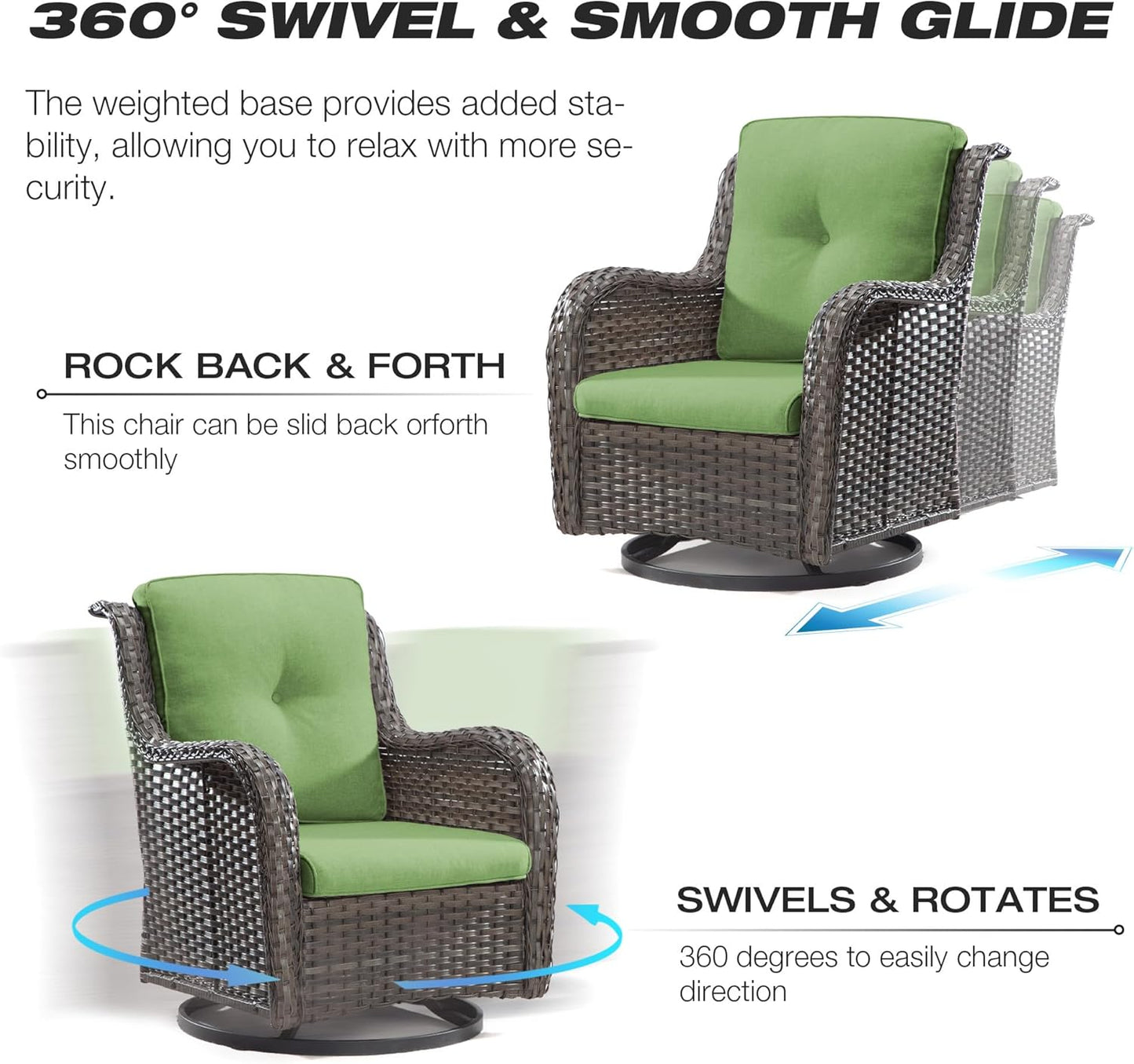 Joyside Outdoor Swivel Rocker Patio Chair and Matching Side Table - 2-Piece Wicker Patio Bistro Set with Premium Fabric Cushions (Brown Mixed with Grey/Green)