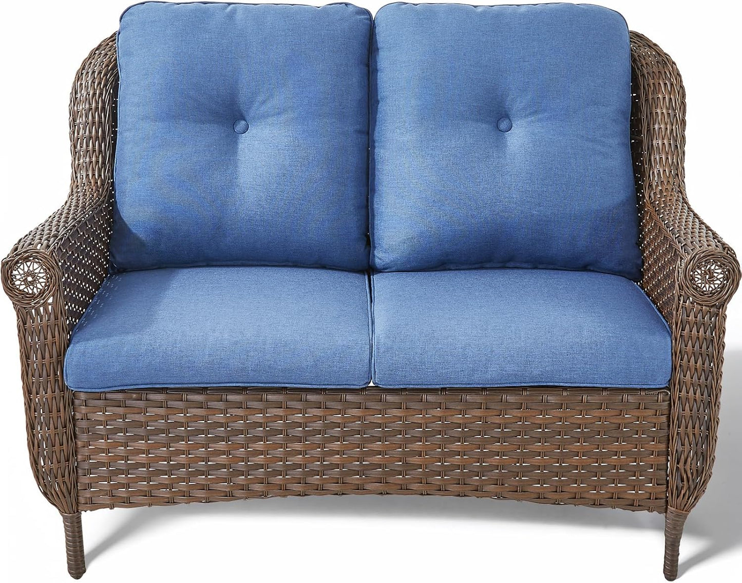 Patio Loveseat Outdoor Wicker Sofa - Heavy Duty All-Weather Brown Rattan 2-Person Sofas with High Back and Comfortable Thick Cushions for Garden Back Porch Poolside Apartment - Navy Blue