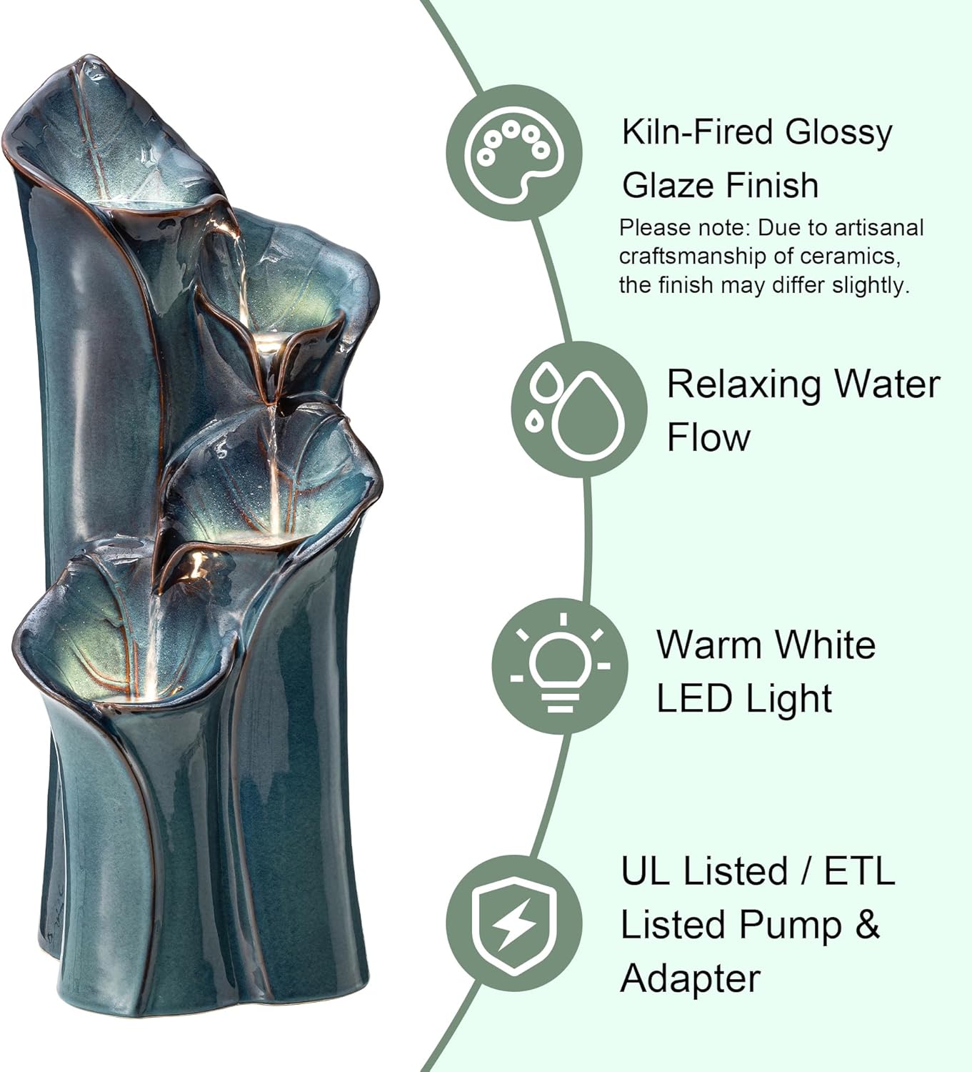 Glitzhome 31.25" H Outdoor Water Fountain with LED Lights and Pump, 4 Tier Turquoise Lotus Leaf Textured Ceramic Floor Standing Fountain, Vase Waterfall Fountains for Porch Deck Garden Patio Backyard