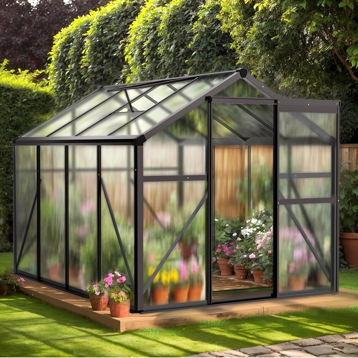 VINGLI 6x8 FT Heavy Duty Polycarbonate Greenhouse with 5 Roof Vents, Aluminum Frame, Black