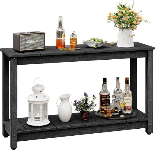 Outdoor Console Table, 48" Weather Resistant HIPS Patio Side Table, 440LBS Weight Capacity, 2-Tier Multifunctional Buffet Bar Storage Organizer for Garden Deck, Black