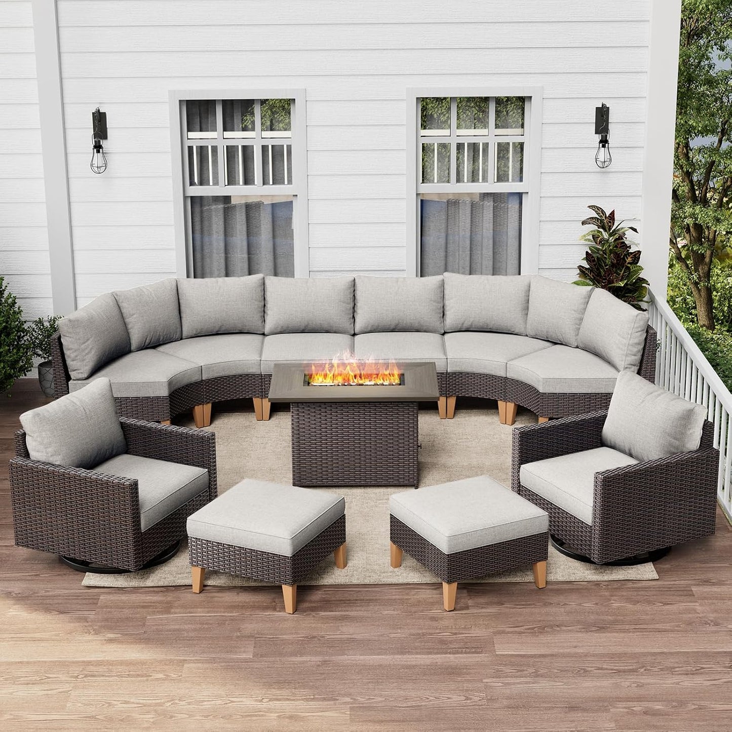 HUMMUH Patio Furniture Set with Fire Pit Table,Outdoor Sectional Couches Swivel Patio Chairs and Ottomans,All Weather PE Wicker 11 Pieces Patio Conversation Sets for Garden Porch Backyard in Beige