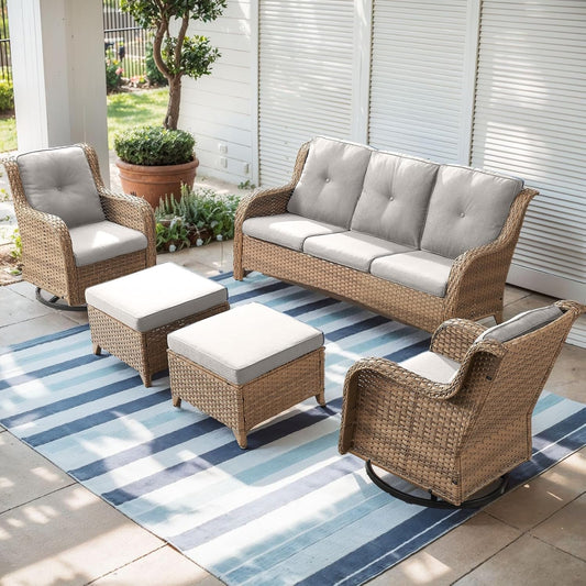 Outdoor Wicker Patio Furniture Set - 5 Piece Rattan Patio Conversation Set with 2 Rocking Swivel Chairs,2 Ottomans and 1 Sofa for Porch Deck Backyard Garden(Yellow/Beige)