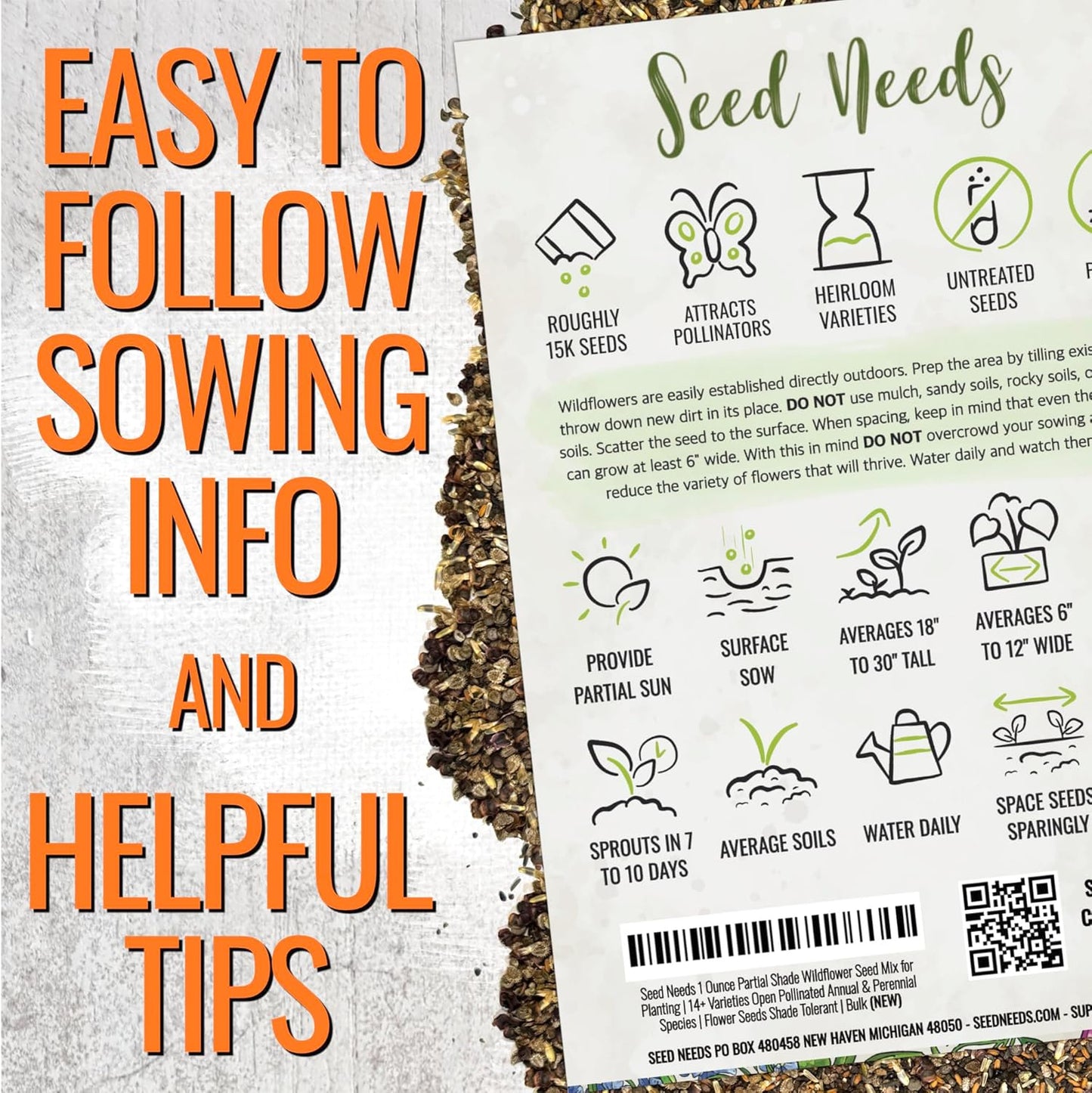 Seed Needs Partial Shade Wildflower Seed Mix for Planting | 10 Packs (1 Ounce Each) 14+ Varieties Open Pollinated Annual & Perennial Species | Flower Seeds Shade Tolerant | Bulk