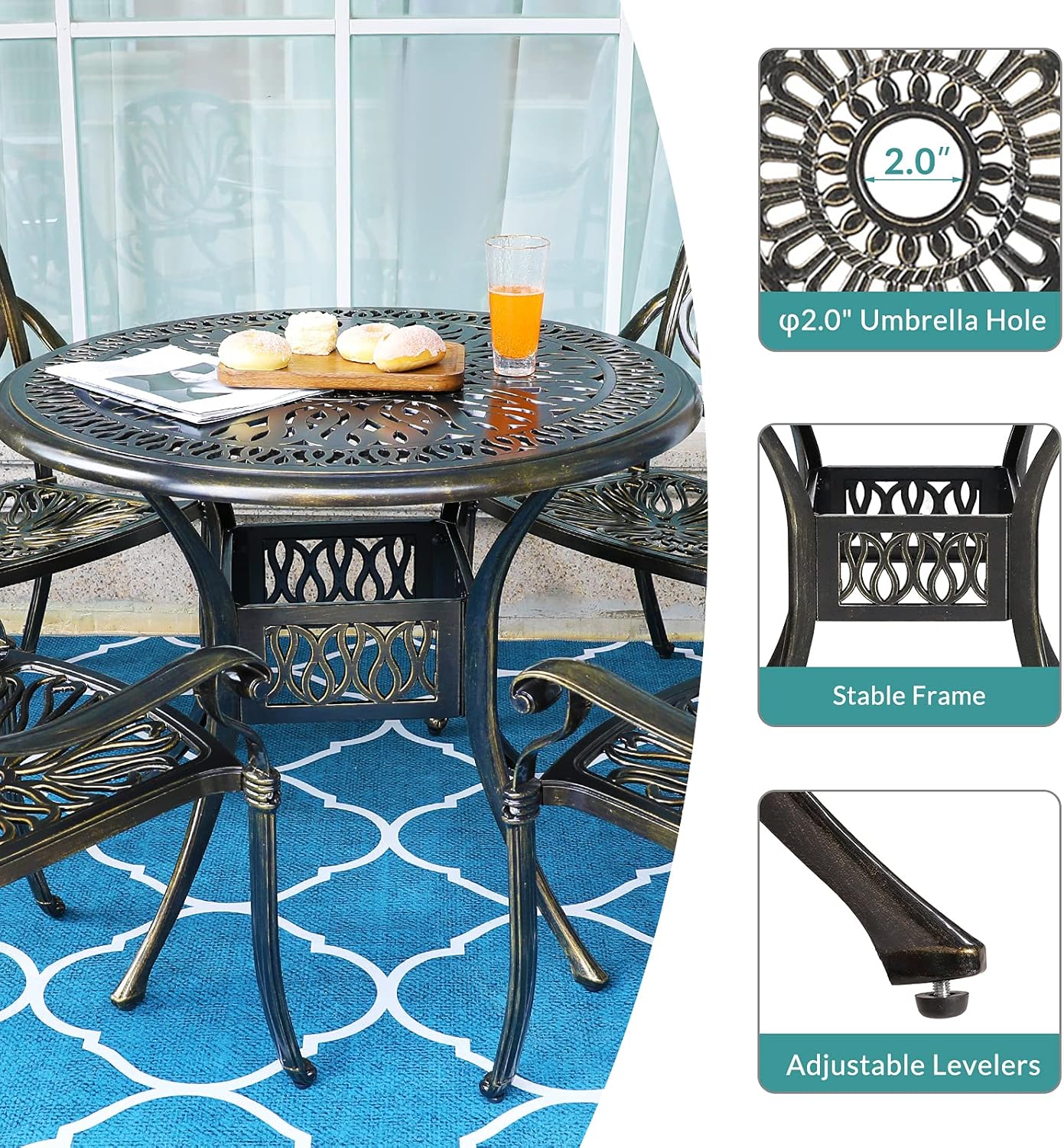 MEETWARM 3 Piece Patio Bistro Set, Outdoor All-Weather Cast Aluminum Dining Furniture Set Includes 2 Chairs and a 35.4” Round Table with Umbrella Hole for Garden Deck