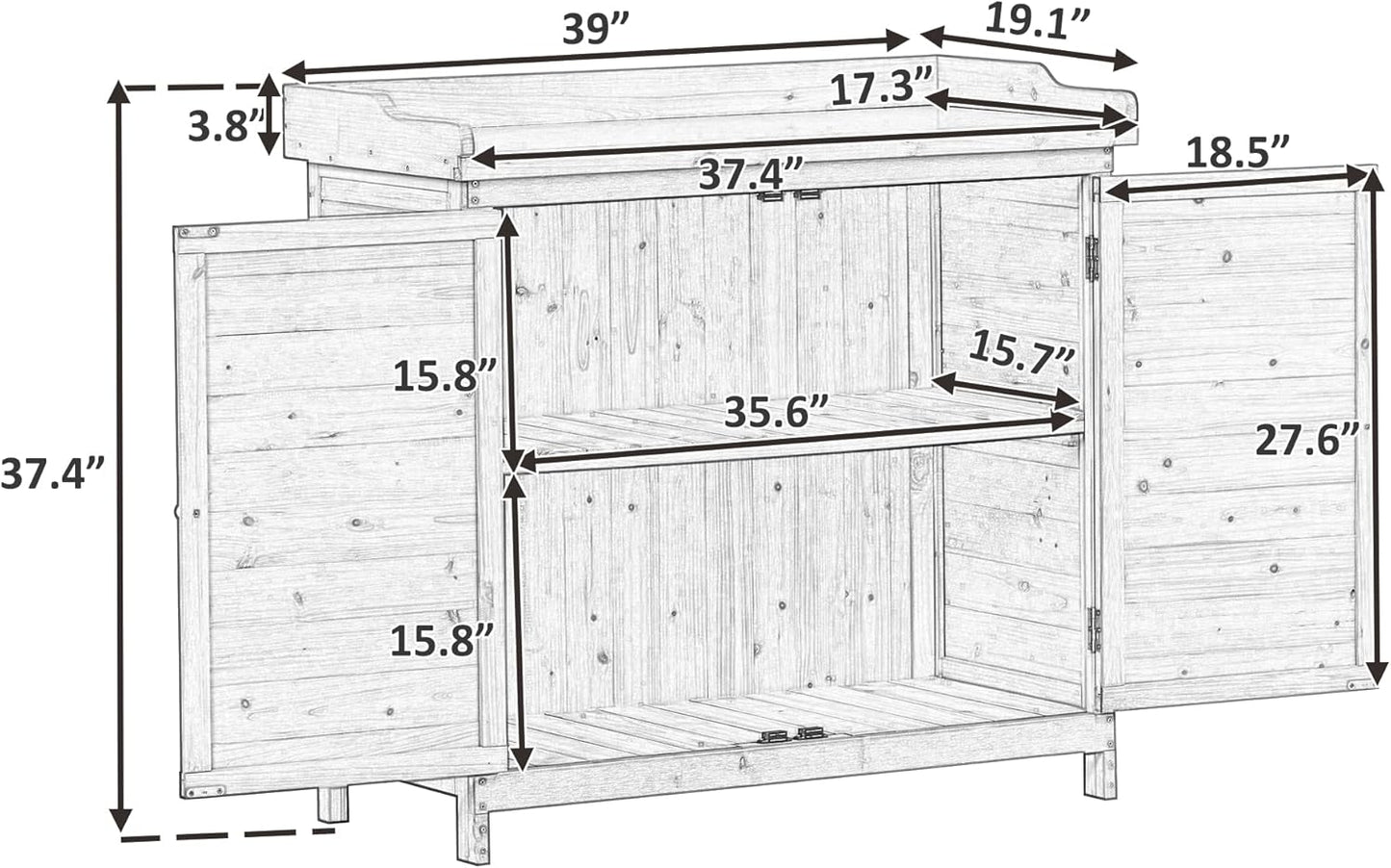 Merax Outdoor 39" Potting Bench Table, Rustic Garden Wood Workstation, Storage Cabinet with 2-Tier Shelves and Side Hook, Grey