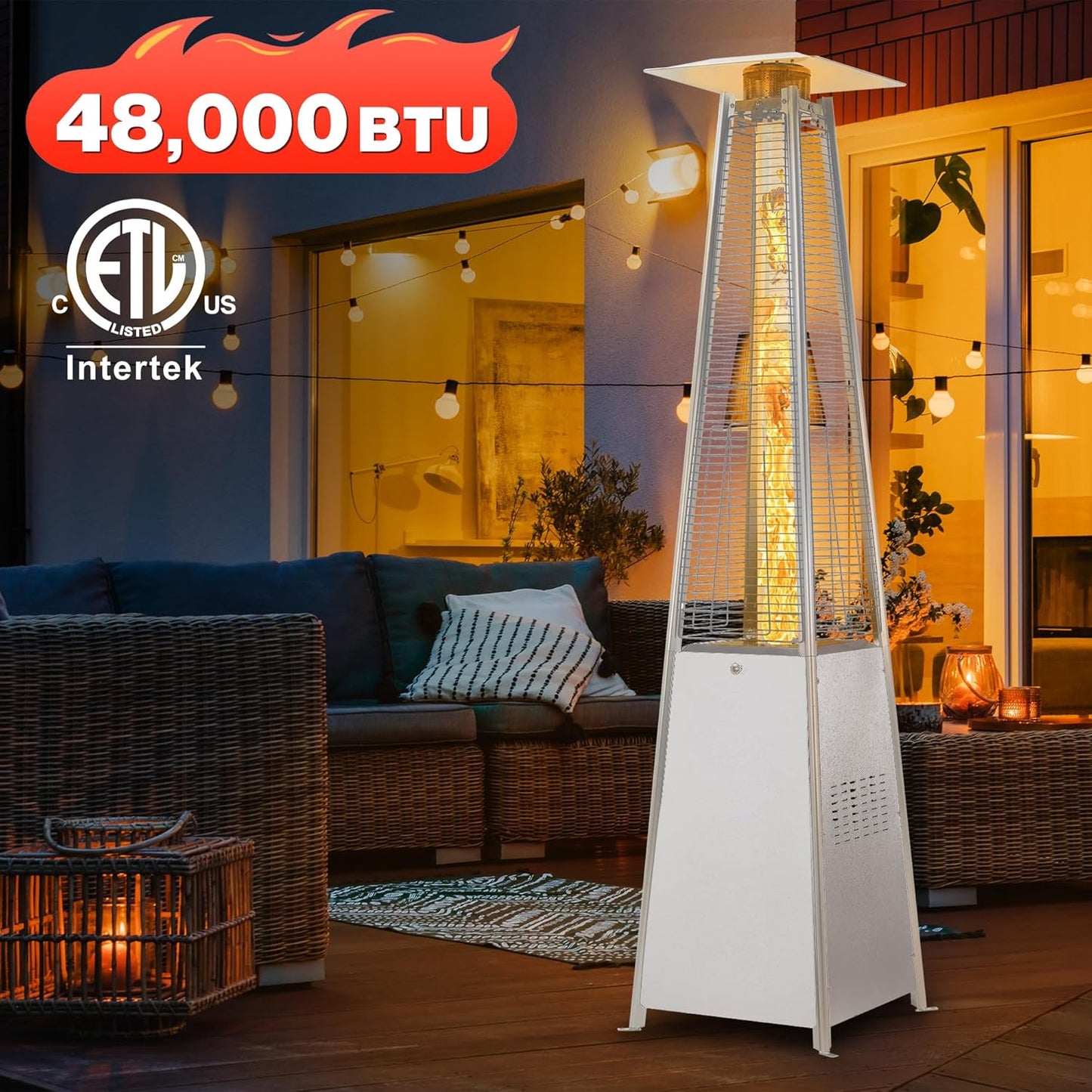 FOOWIN Propane Patio Heater, 48,000 BTU Outdoor Patio Heater with Wheels/Waterproof Cover & Gloves,Silver Grey