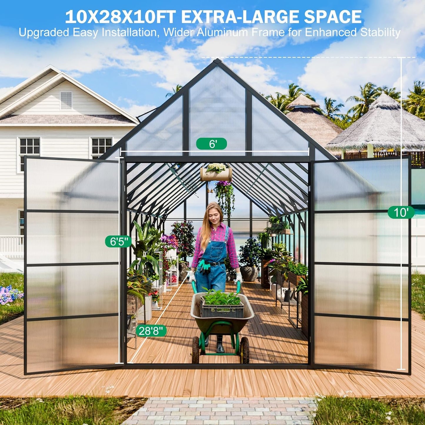 CDCASA 10x28 FT Greenhouse for Outdoors,Large Easy Assembly Thicker Aluminum Polycarbonate Greenhouses w/6 Windows, Double Door, Walk-in Green House for Outside,Patio,Backyard,Garden