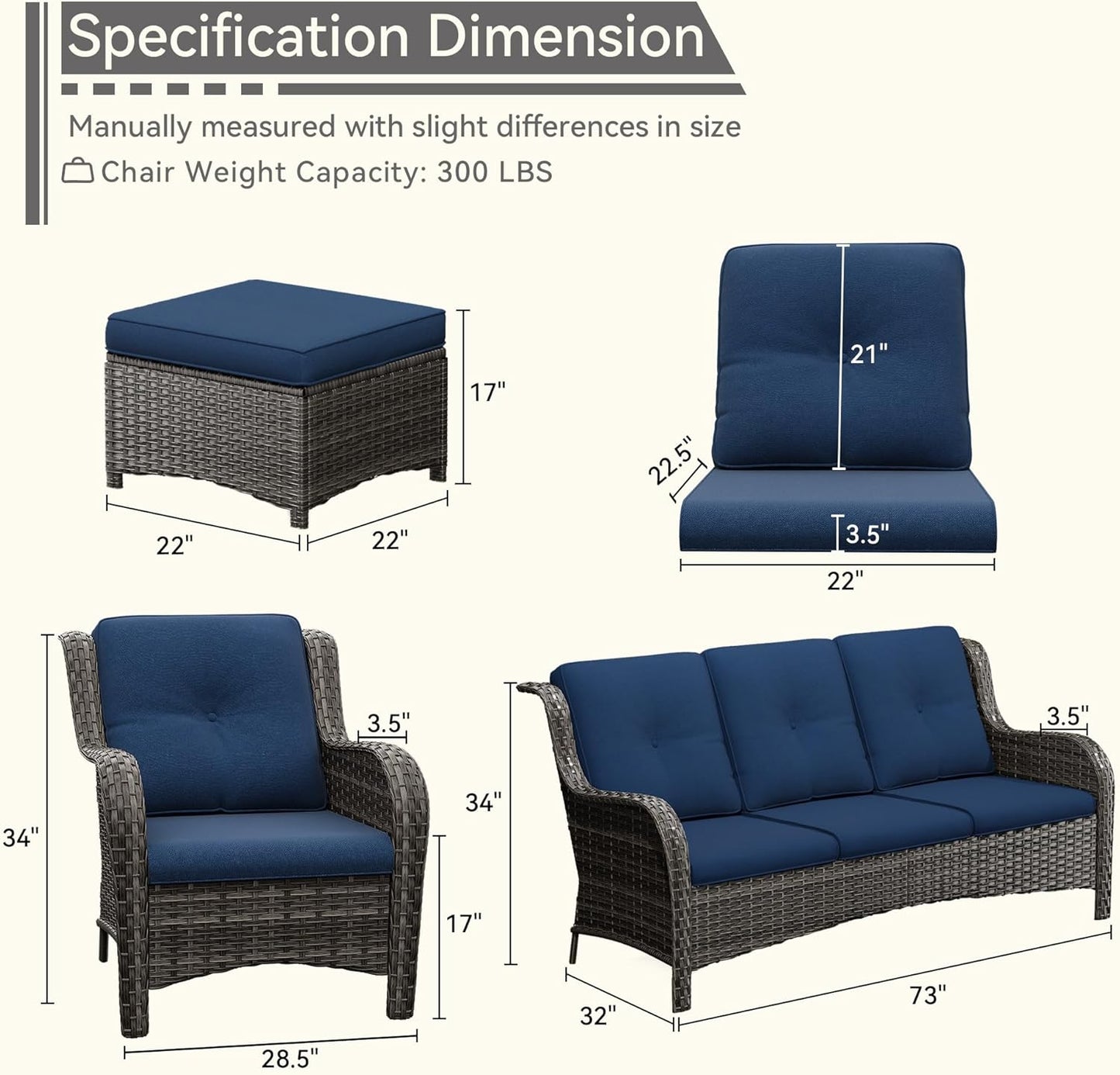 Patio Conversation Set 5-PCS Wicker Outdoor Furniture Conversation Set with 3-Seat Sofa, 2 Armchair, 2 Ottoman Patio Rattan Wicker Sectional Sofa Set with Olefin Cushion, Blue