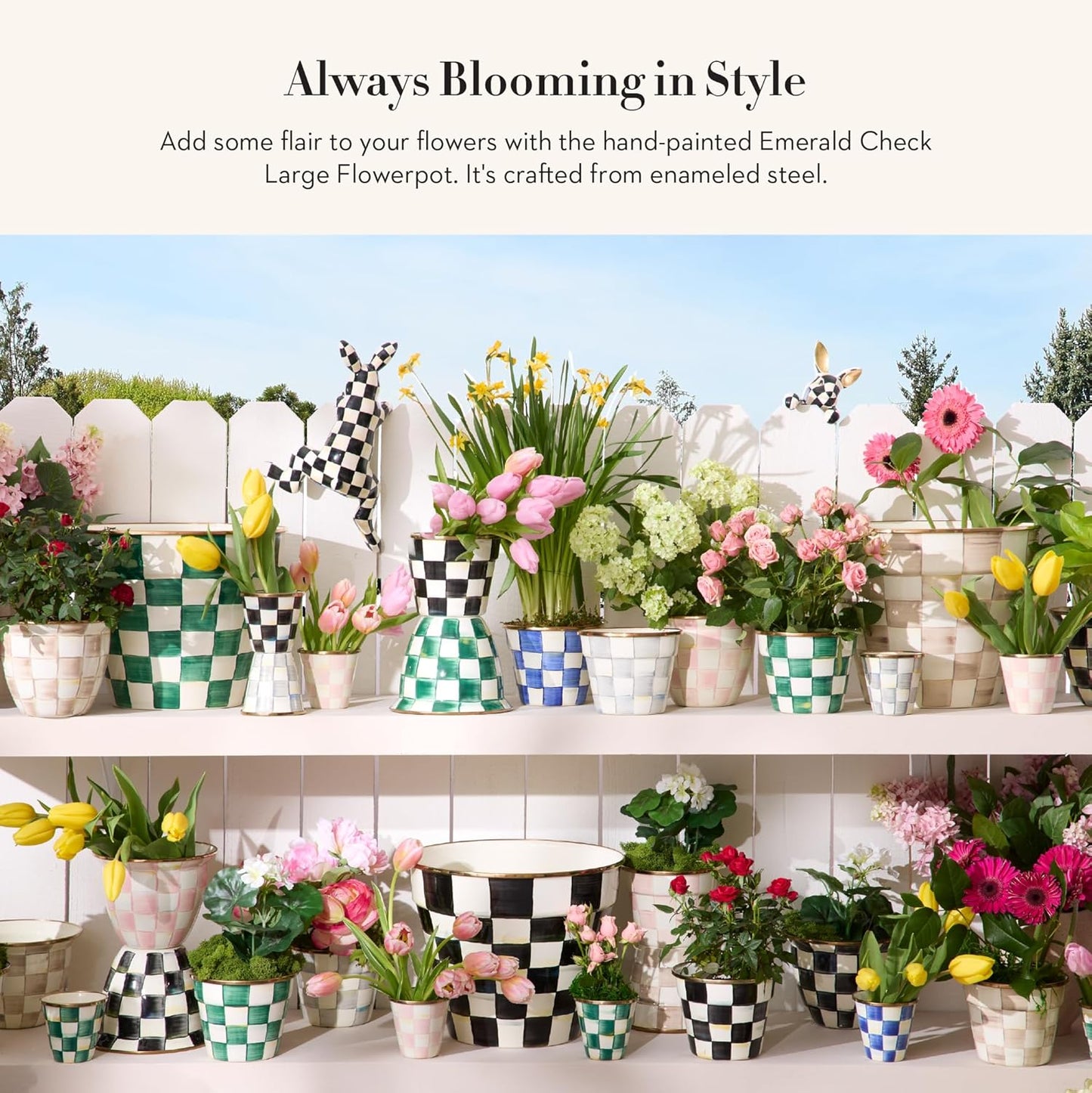 MACKENZIE-CHILDS Flowerpot, Decorative Garden Pot for Growing Plants, Green-and-White Emerald Check