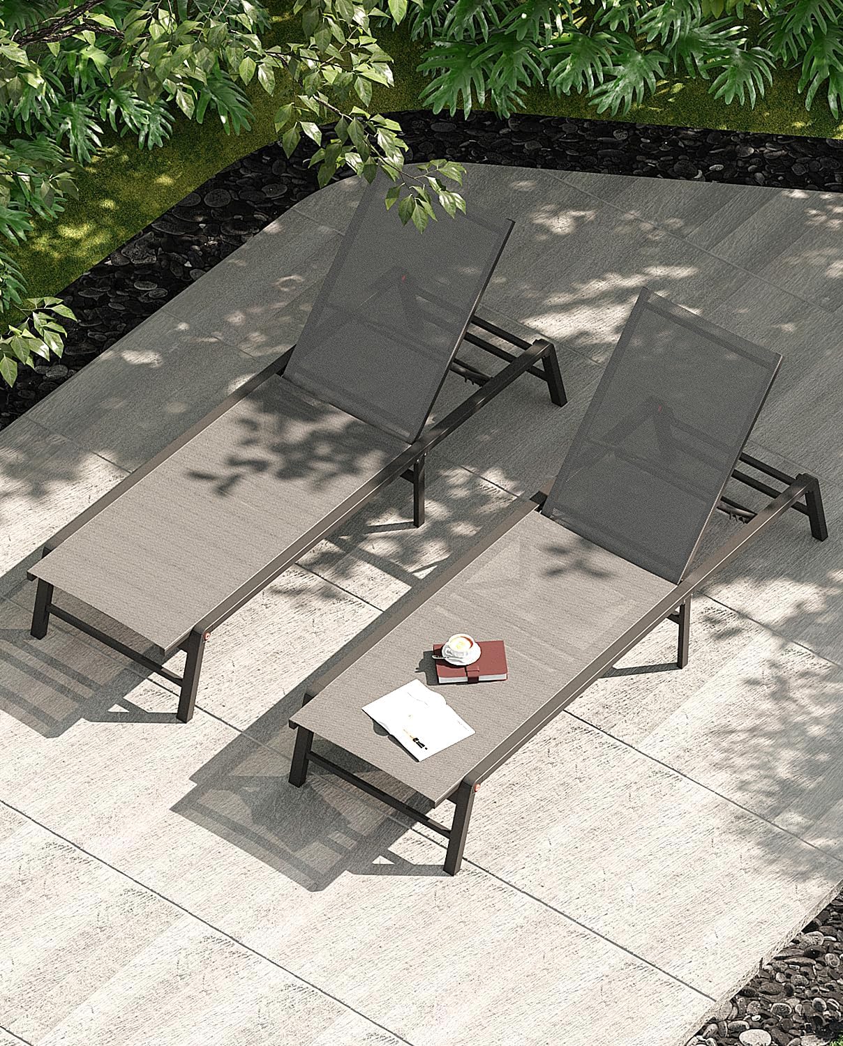 Aluminum Chaise Lounge Chair Outdoor, Foldable Patio Lounge Chair 2 Sets Assemble-Free, Pool Lounge Chairs with 5 Adjustable Backrest, Outdoor Lounge Chairs for Outside Poolside Beach Lawn Grey