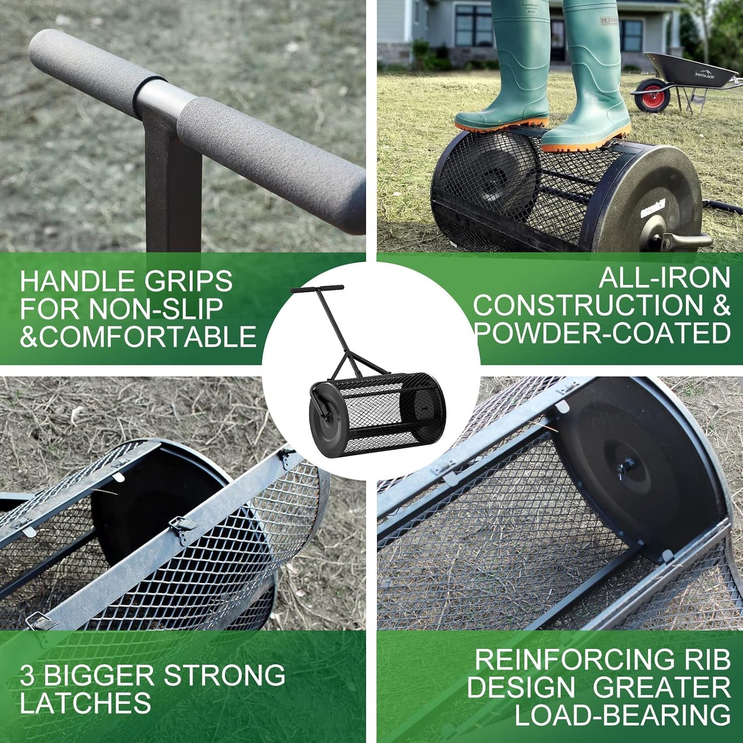 Walensee 24 Inch Compost Spreader Peat Moss Spreader with Upgrade T Shaped Handle for Planting Seeding Durable Lightweight Metal Mesh Spreader for Lawn and Garden Care Manure Spreaders Roller Patented