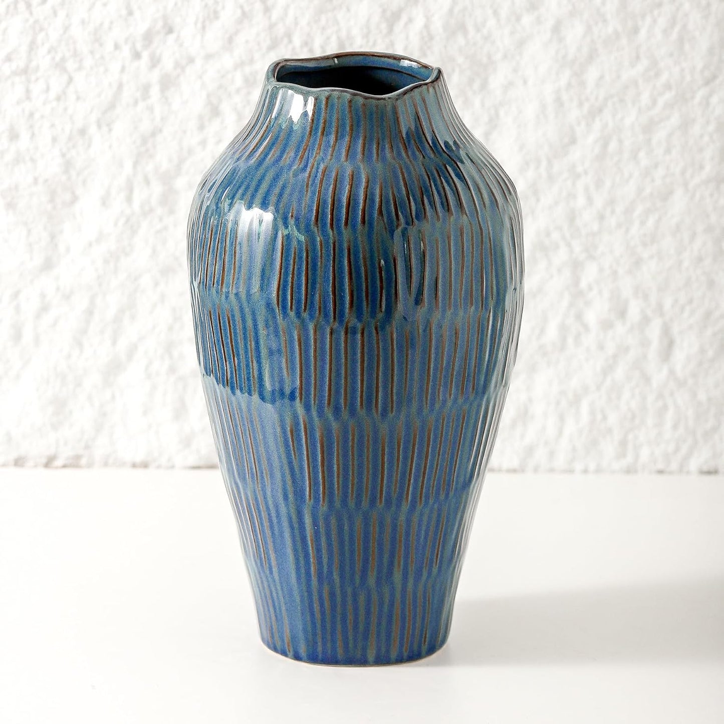 Blue Ceramic Vase for Home Decor,11.6 Inch Flower Vase，Decorative Vases for Pampas Grass，Modern Art Texture Vases for Home Entryway Living Room Dining Table Farmhouse Office Decor-Blue