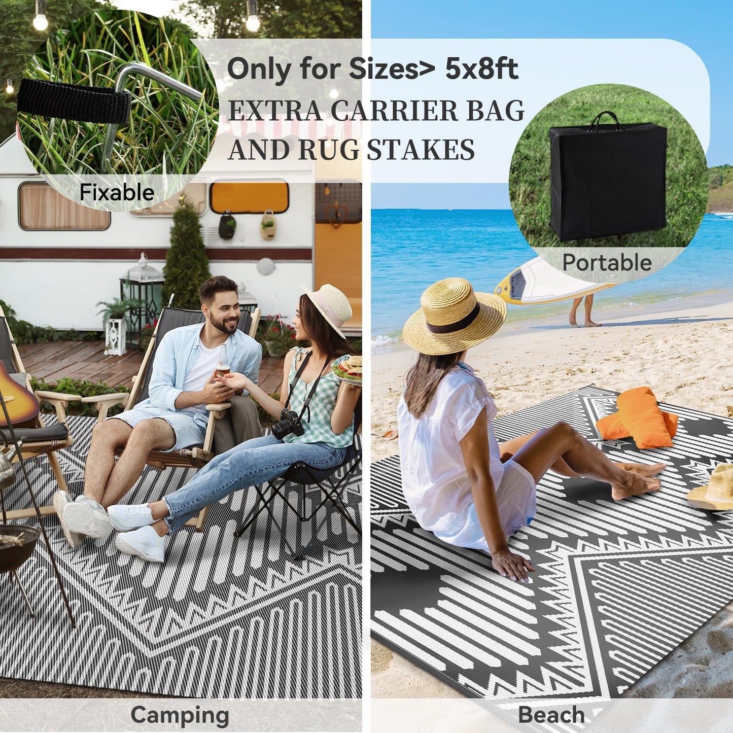 MontVoo Outdoor Rug 8x10 Waterproof Patio Rug-Outdoor Carpet Mat Reversible Plastic Straw Outside Outdoor Rug for RV Camping Picnic Beach Balcony Backyard Pool Deck Porch Modern Boho Grey