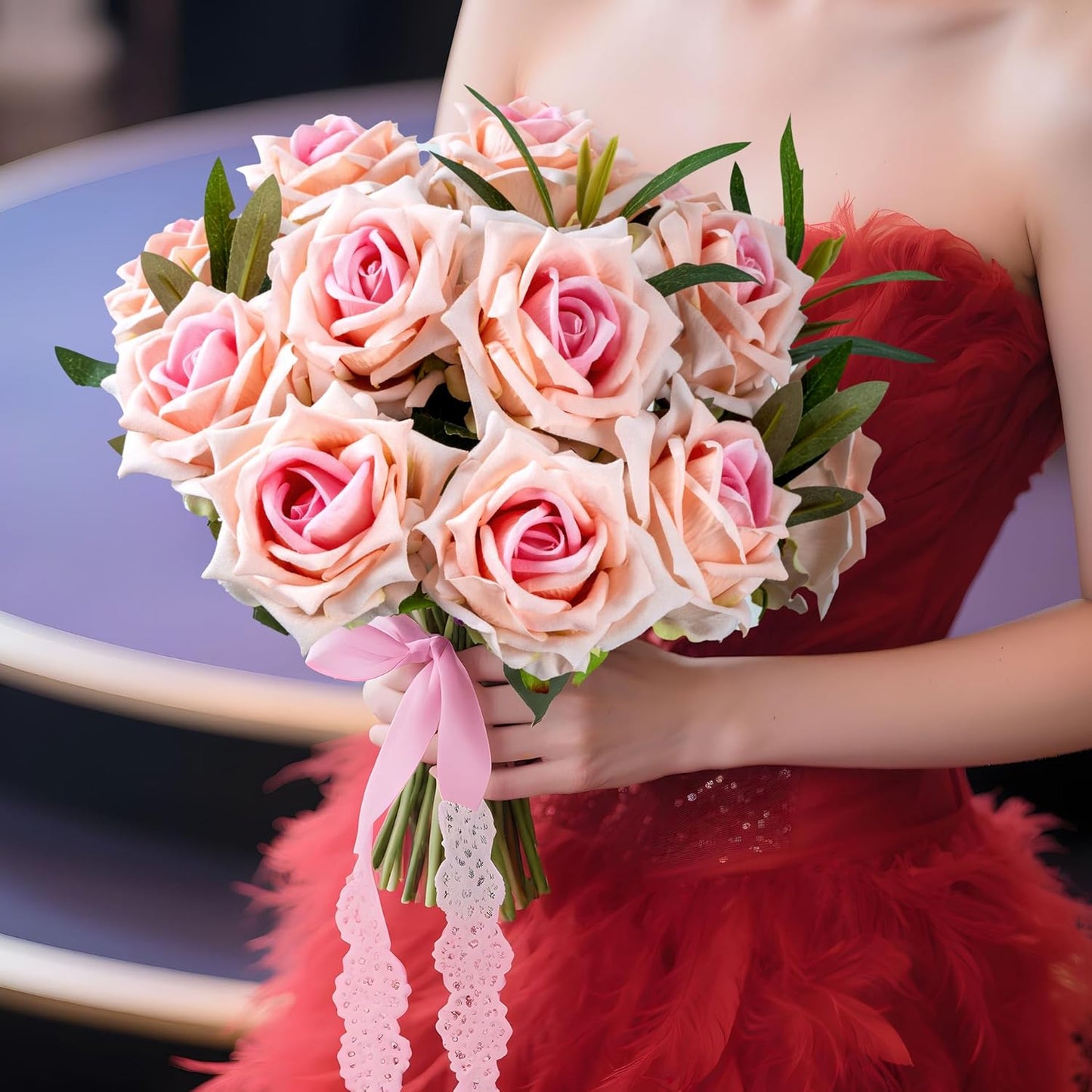 Fake Roses Faux Flowers Silk Roses Artificial Roses with Stems Realistic Artificial Flowers 16.5In Suitable for Indoor Home Decoration DIY Bouquet Wedding Decor Party Decor (12PCS, Pink)