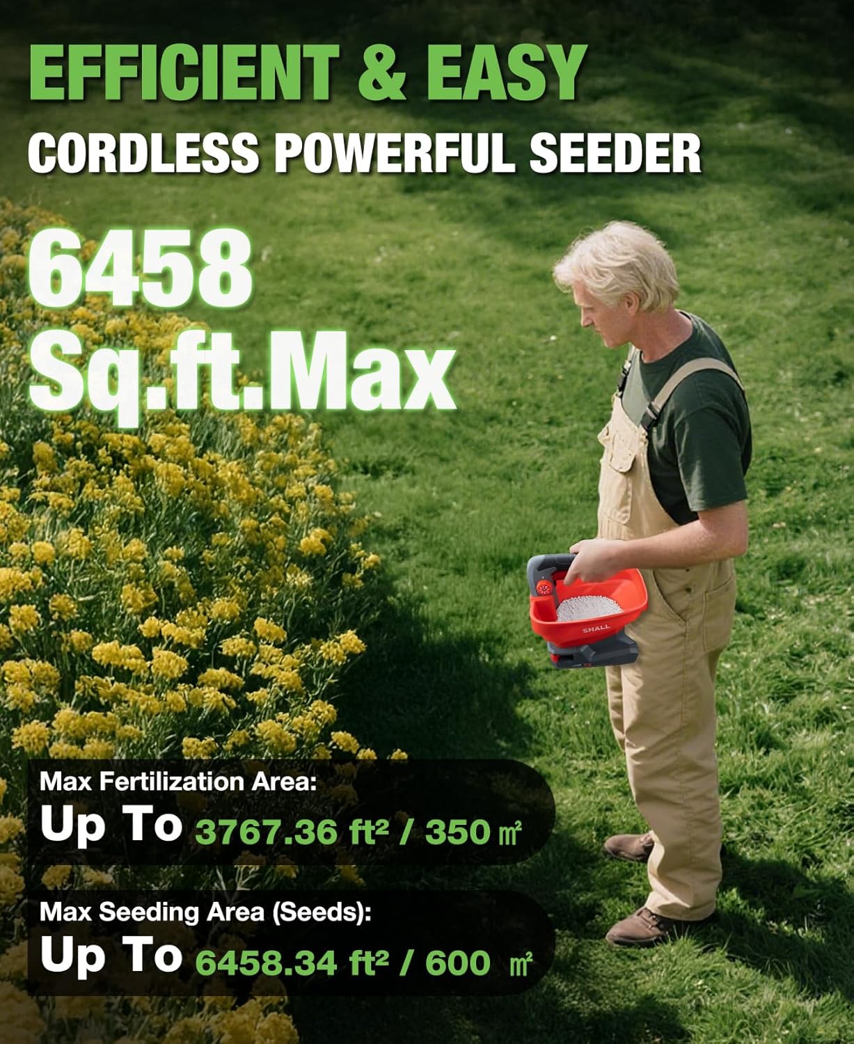 SHALL Battery Powered Fertilizer Spreader, 7.2V Rechargeable Seed Spreader for Salt, De-Icer, Earth Food, Grass Seed, 8-Level Settings and 3.3L Large Capacity Spreading up to 6458 sq.ft