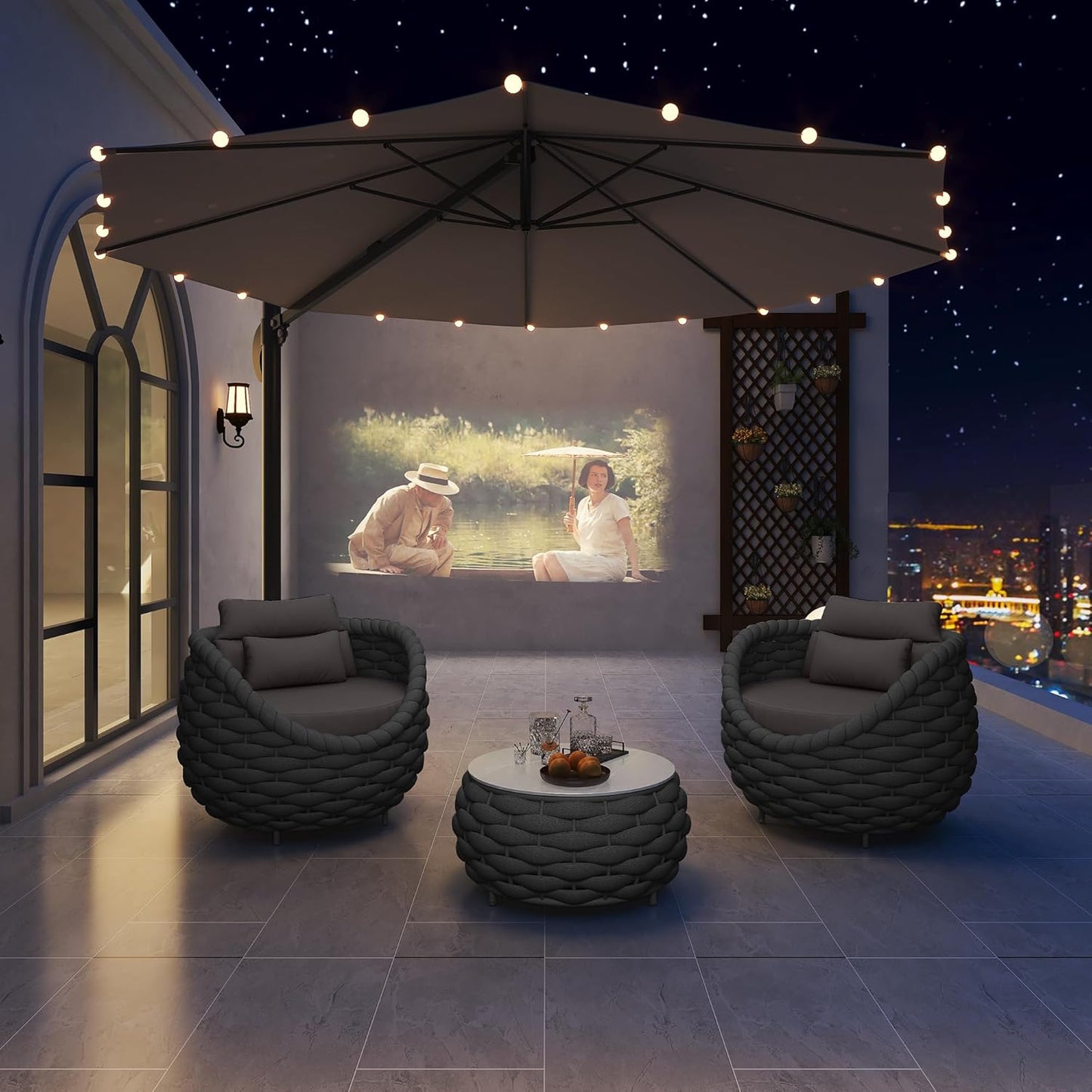 Outdoor Patio Furniture Set-5 Pieces Aluminum Sectional Sofa, Metal Patio Conversation Set with Threeseat & Armchair, Textile Rope and Coffee Table, Dark Grey