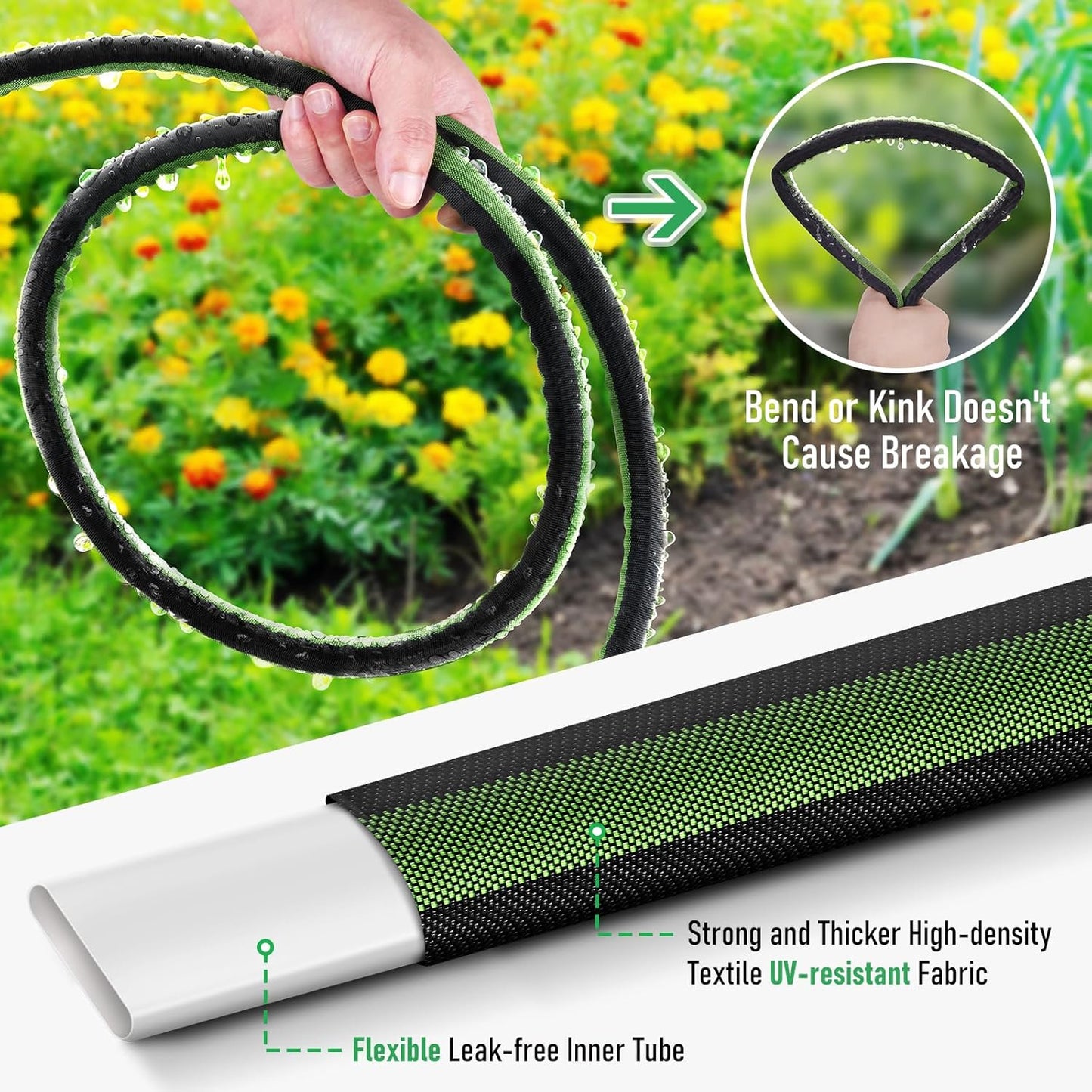 Flat Soaker Hose 150FT for Garden and Lawns, 80% Water-Saving Drip Irrigation Hose with Anodized Aluminum Ends, Flexible Leakproof Double Layer Gardening Hoses(50FT X 3Pack) ﻿