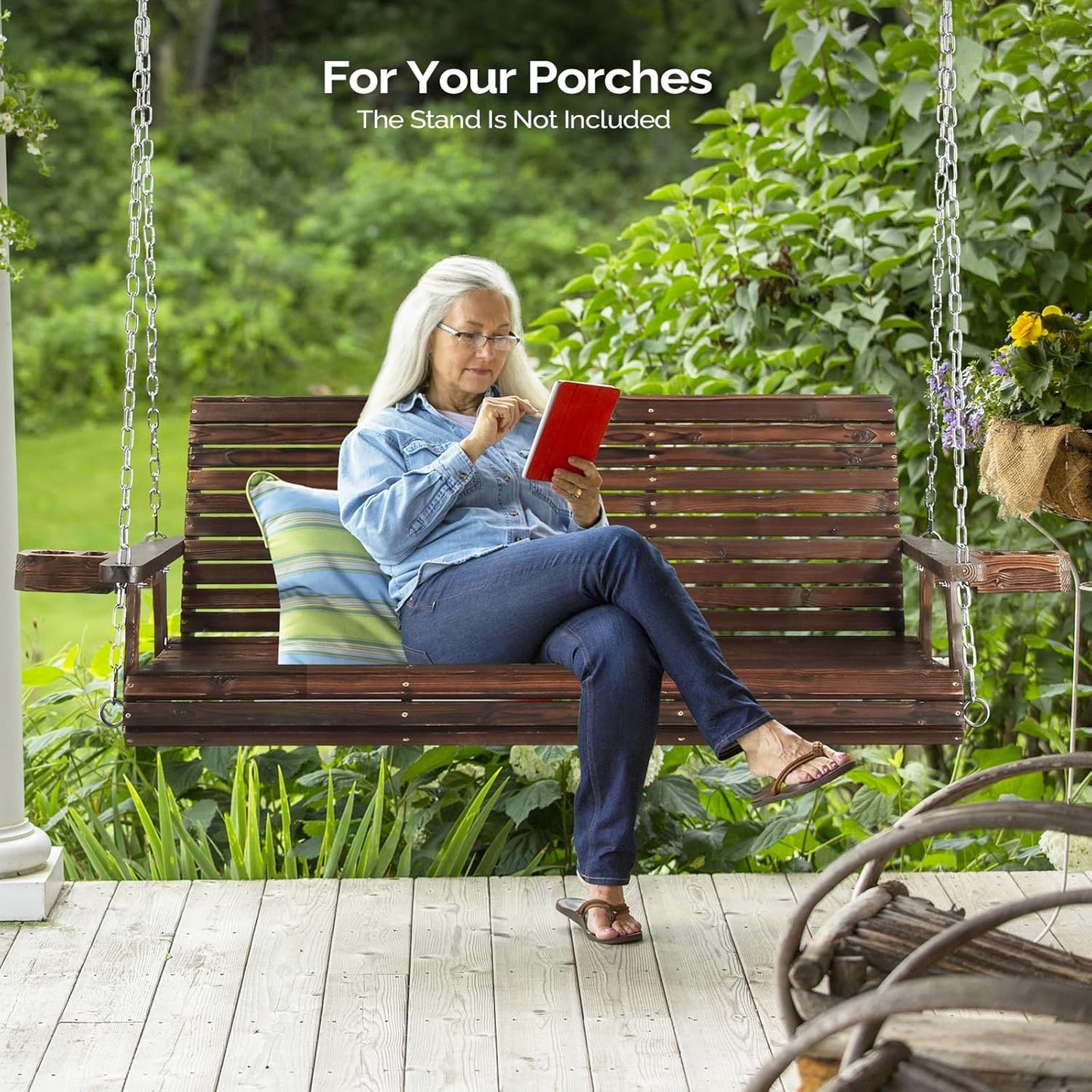 VINGLI XL Size Patio Wooden Porch Swing Outdoor with Cup Holders & Phone Slots, Heavy Duty 880 LBS Hanging Swing Chair Bench with Hanging Chains for Yard, Lawn, Garden (5 FT Pro, Rustic)