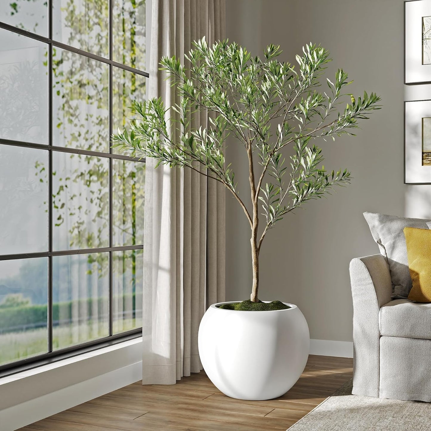 DTY Signature Mount Sherman Lightweight Durable Modern Fiberstone Sphere Planter for Indoor & Outdoor Drainage Hole & Rubber Plug Weather Resistant, 17" H x 21" Dia, 14.4" Opening - Large, White