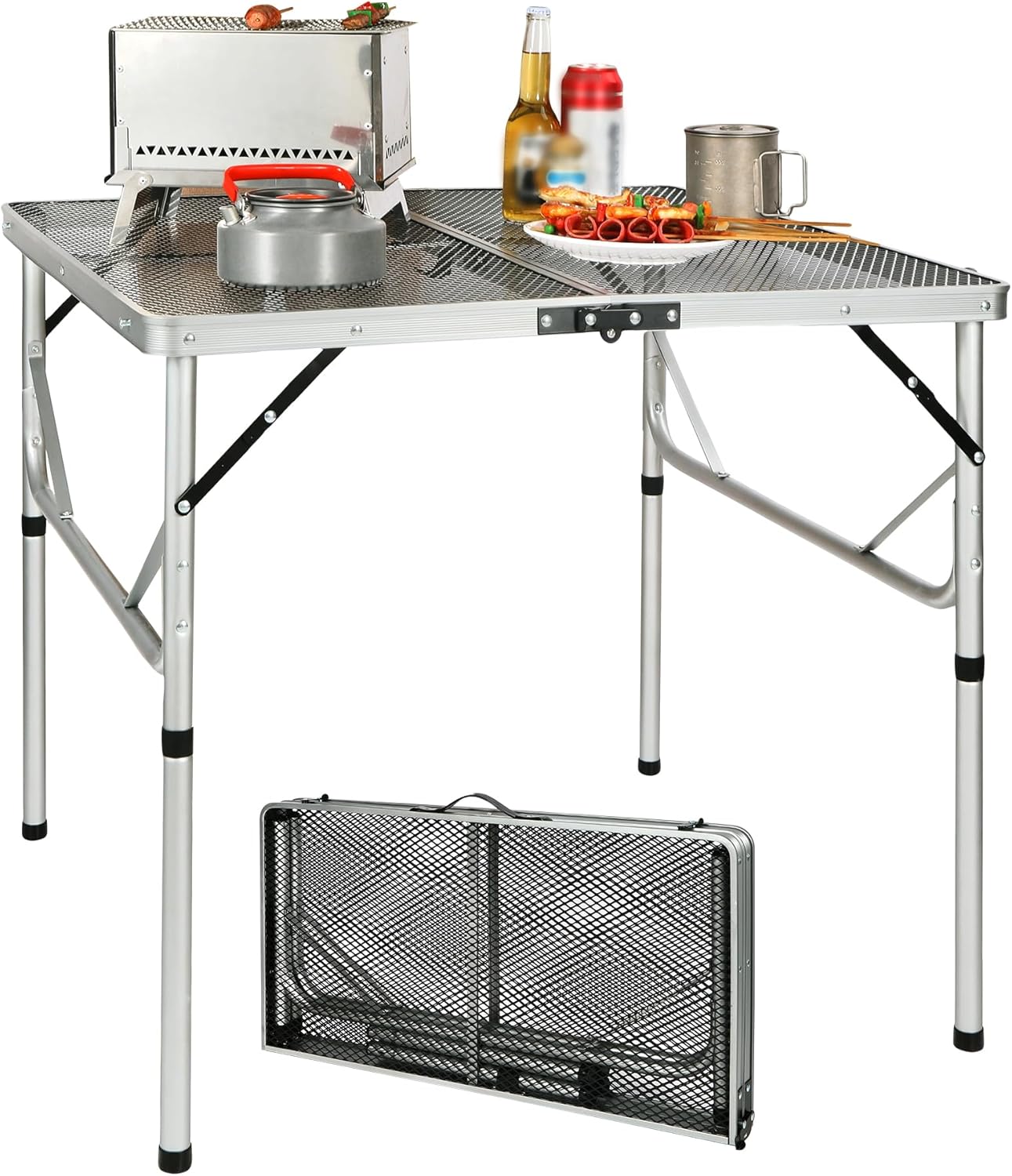 REDCAMP Folding Portable Grill Table for Outside, Lightweight Aluminum Metal Grill Stand Table for Camping Cooking BBQ RV Picnic,Easy to Assemble with Adjustable Heights Legs,Silver 32”x32”