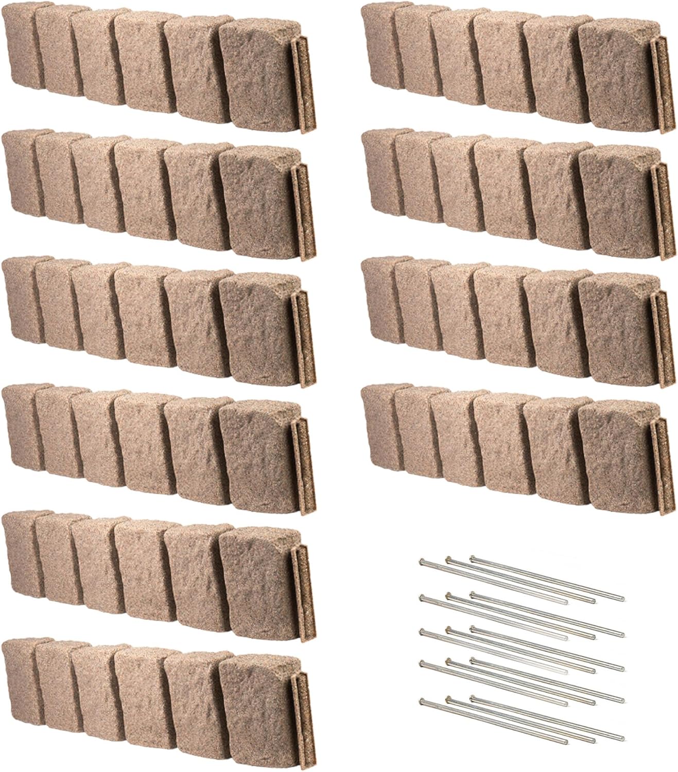 Beuta Landscape Edging | Garden Edging Border | Faux Stone Block XL for Lawn Edging, Flower Beds & Yard Edging – 10 Pack | Each Section Has 6 Blocks 48" L x 4" W x 9.5" H | 30 Spikes | Sandstone