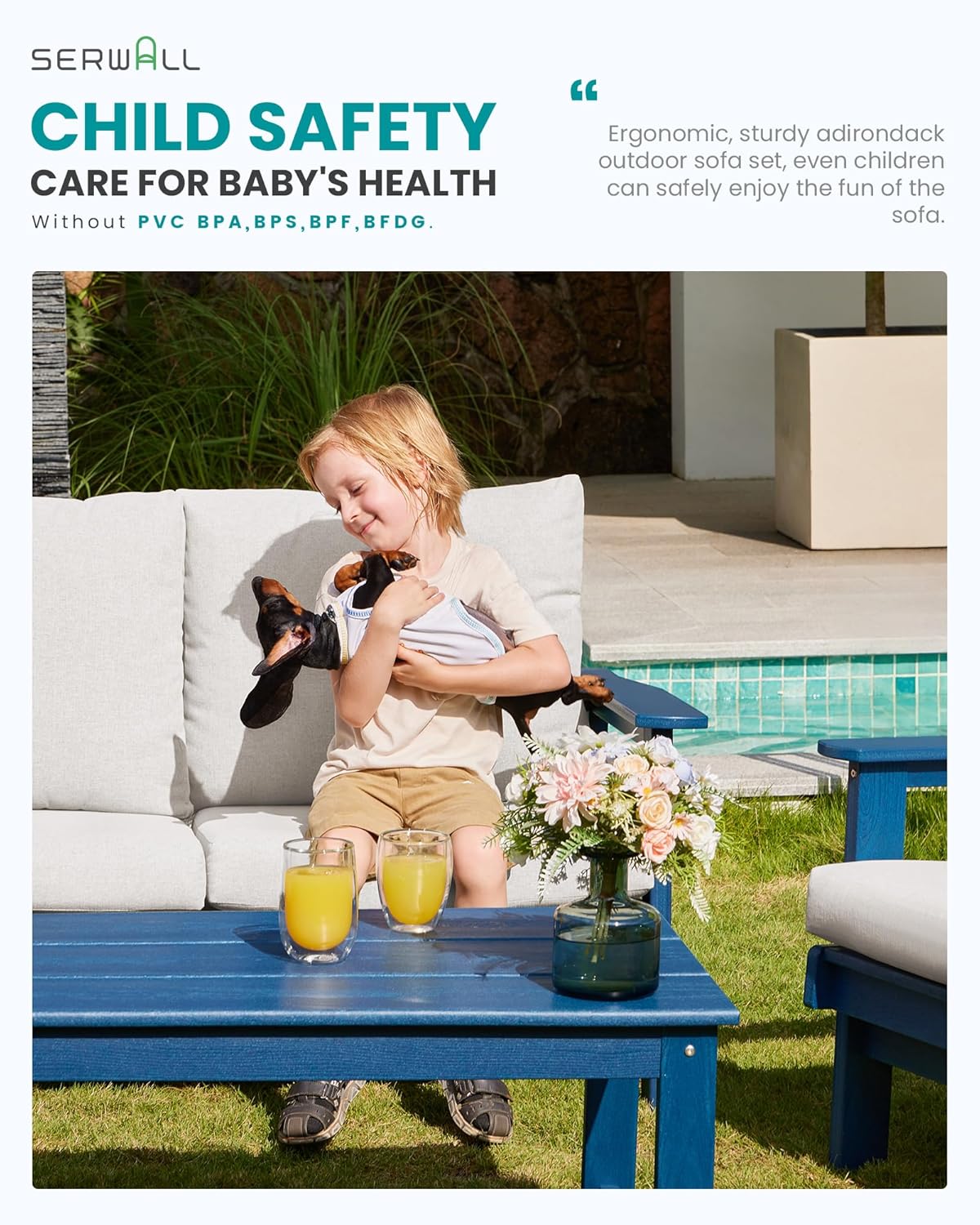 SERWALL HDPE Patio Furniture Set, 5 Piece All Weather Wood-Like Sectional Outdoor Furniture Set, Blue Patio Sofa Couch with Khaki Cushions for Deck, Lawn