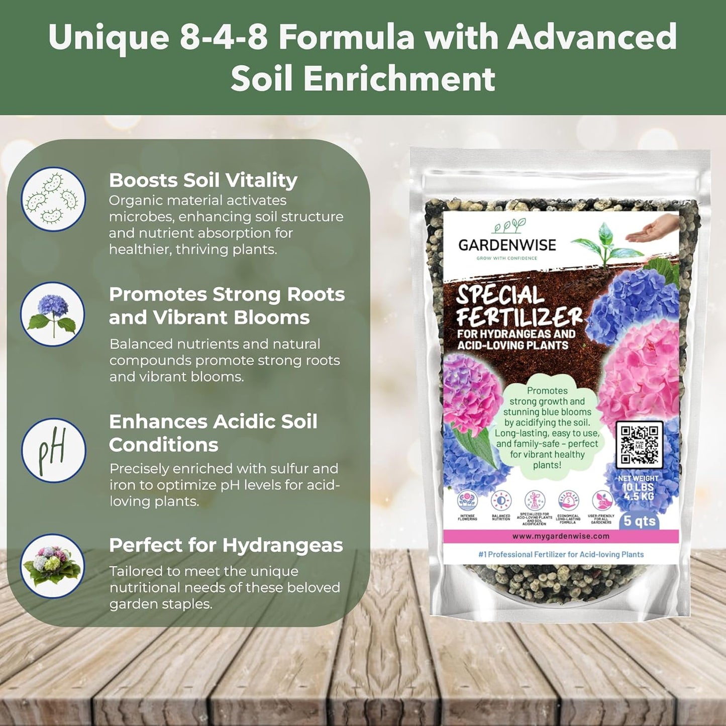 Slow Release Hydrangea Fertilizer with Iron & Sulfur – Indoor & Outdoor Soil Acidifier for Miracle Growth (5 qt)
