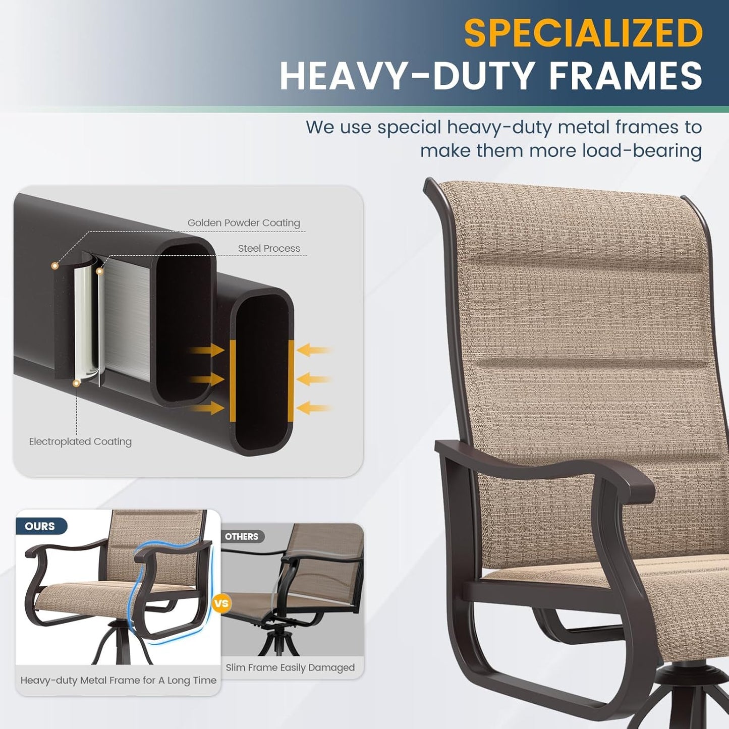 Amopatio Padded Patio Swivel Chairs Set of 8, Outdoor Dining Chairs with Ultra Soft Textilene High Back Seat & Metal Rocker Frame, for Backyard Deck Lawn Garden, Brown