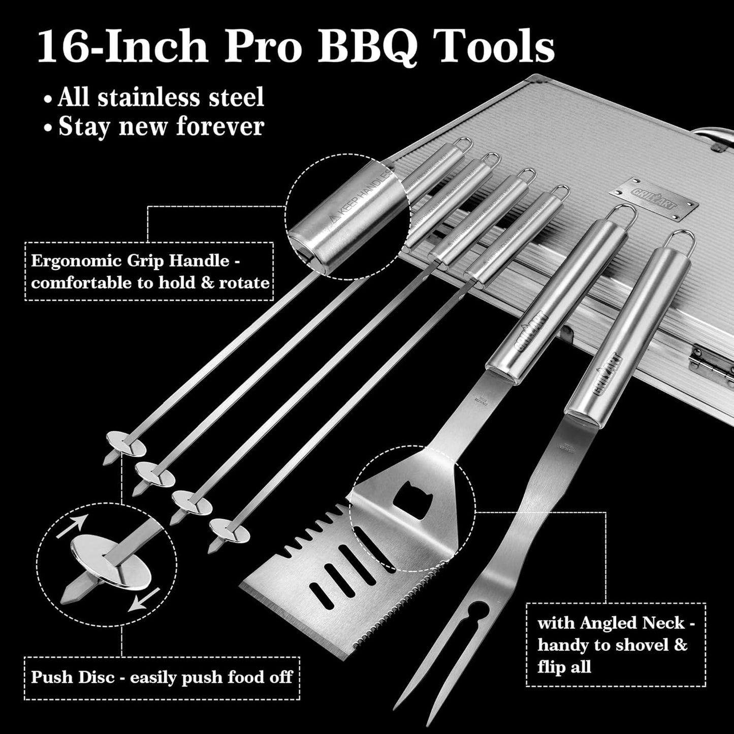 GRILLART BBQ Grill Utensil Tools Set Reinforced BBQ Tongs 19-Piece Stainless-Steel Barbecue Grilling Accessories w/Aluminum Storage Case -Complete Outdoor Grill Kit for Dad, Birthday Gift for Man Dad