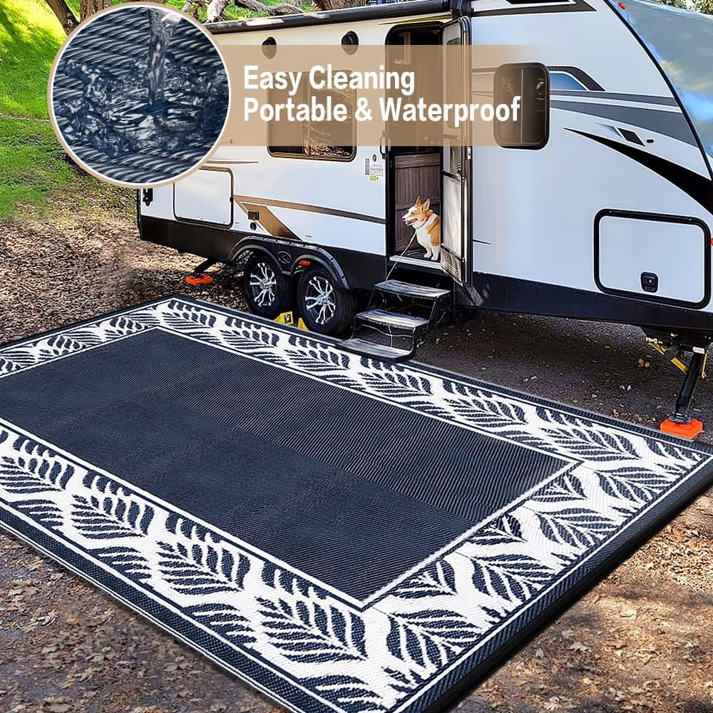 Outdoor Plastic Straw Rug, Waterproof Mat, Washable Large Floor Mat and Rug for Outdoors, RV, Beach, Patio, Camping, Backyard, Deck, Picnic, Outside (5x8ft,Olive-Leaf/Dark Blue&White)