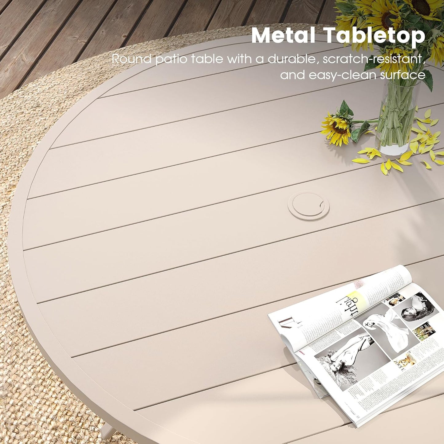 DIFY 60" Round Outdoor Patio Dining Table for 8-10, Metal Patio Table with 1.57" Adjustable Umbrella Hole, All-Weather Dining Furniture Table for Backyard Lawn Garden, Cream