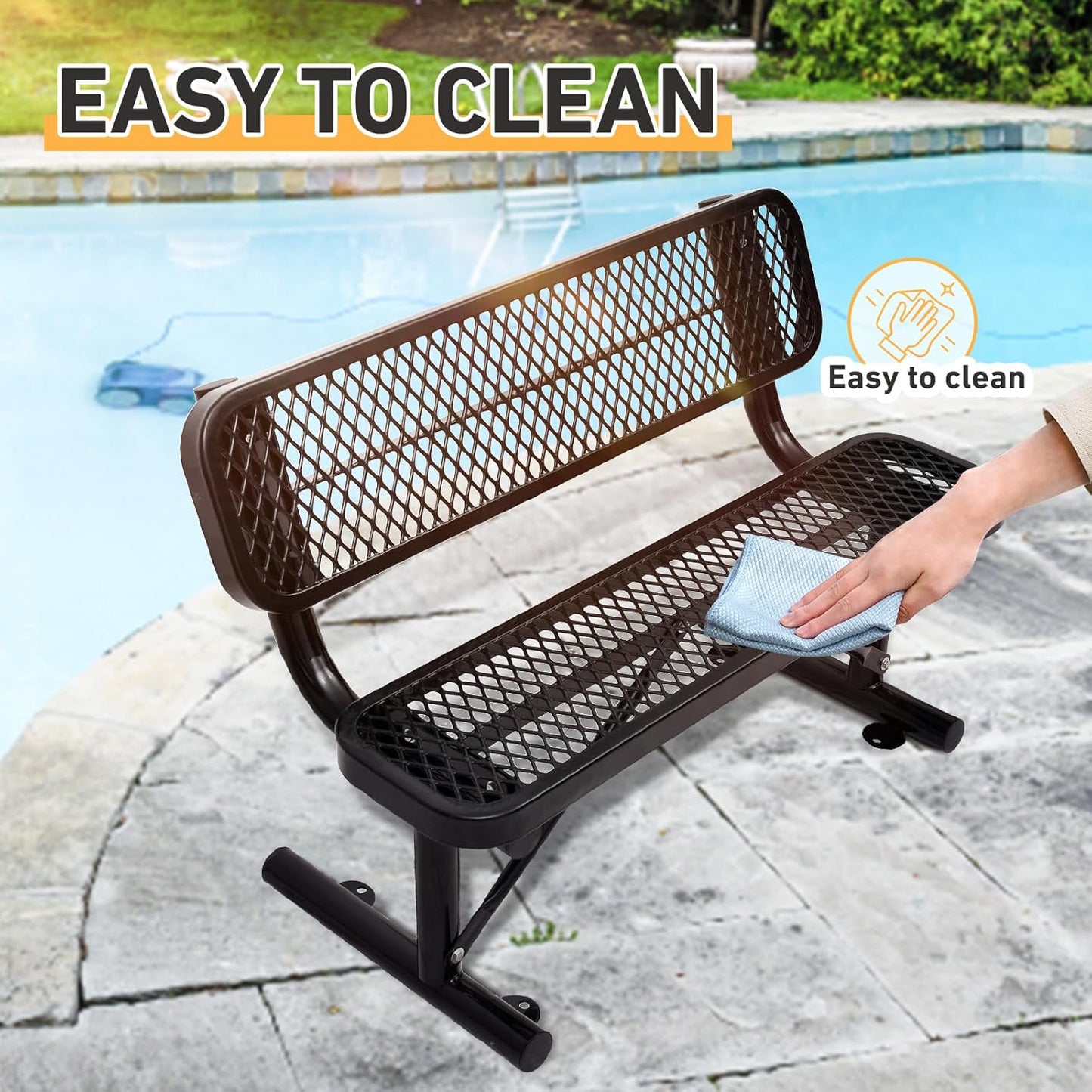 4FT Heavy Duty Park Bench with Back Portable Frame, Outdoor Metal Park Bench with Backrest, Steel Mesh Outdoor Bench for Garden, Lawn, Patio, Porch, Park, Yard (Black, 48" D x 23.2" W x 32.5" H)