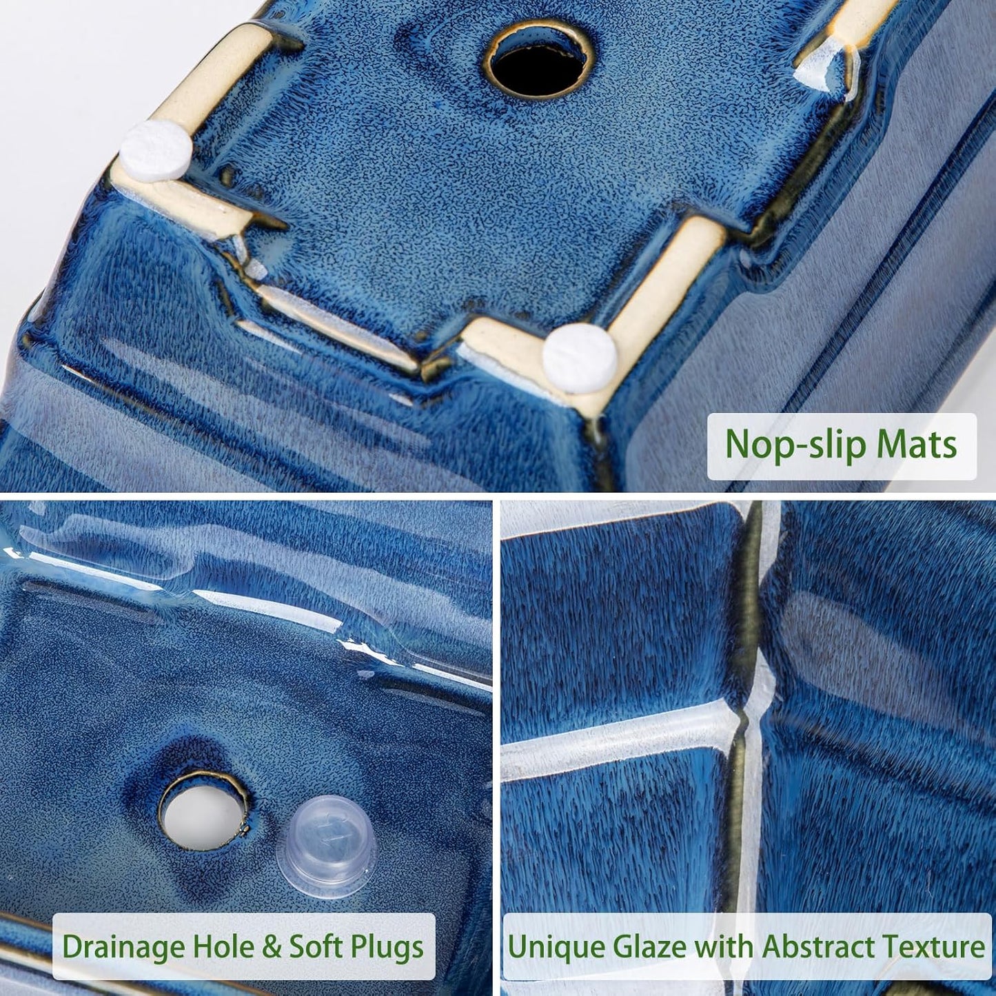 Ceramic Bonsai Pots with Drainage Tray Set of 2, 6 Inch Blue Glazed Bonsai Planters for Indoor/Outdoor Use, Shallow Rectangular Bonzai Tree Pots for Succulent, Orchids, Cacti, Home, Patio, Garden