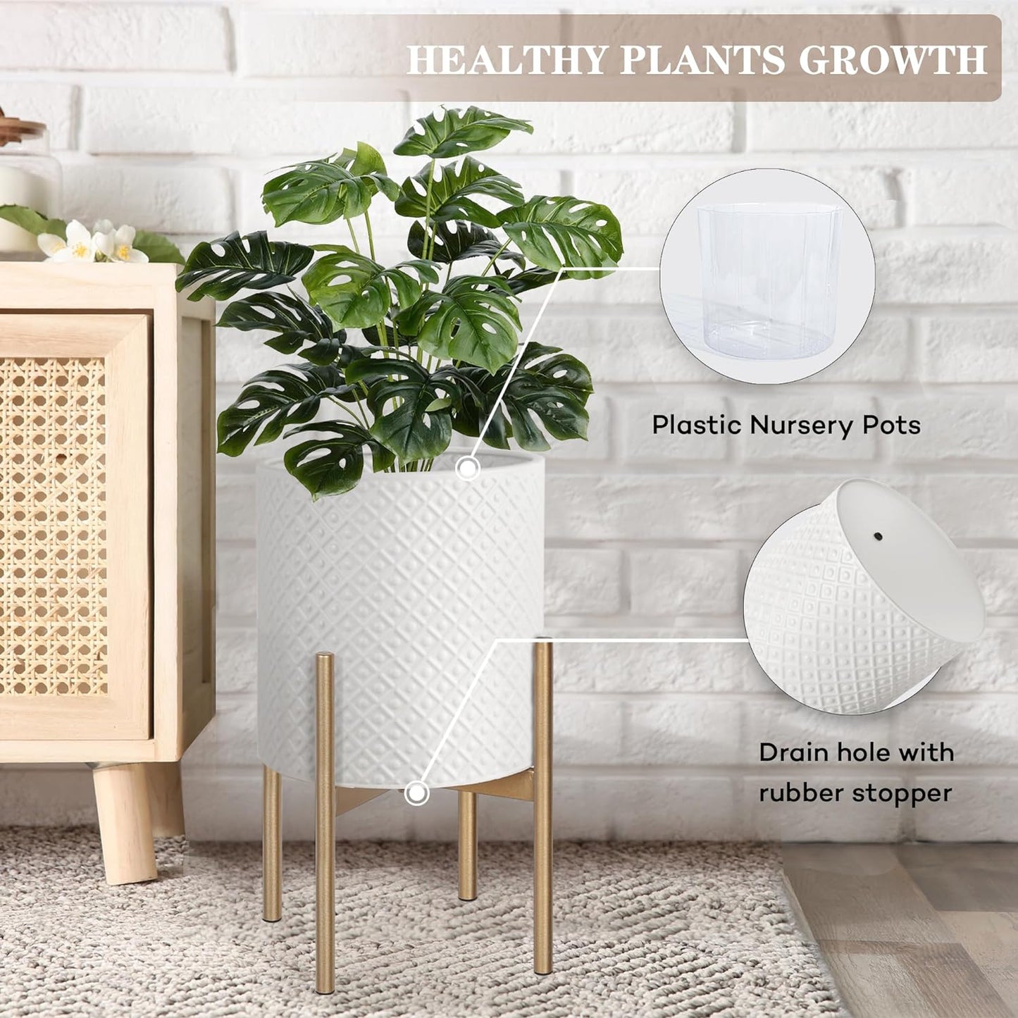 Oakrain Mid Century Planters for Indoor Plants, Metal Plant Set of 2, Modern Decorative Plant Pots for Living Room, Garden, Balcony, White Planters with Glod Plant Stands, 10 inch & 12 inch