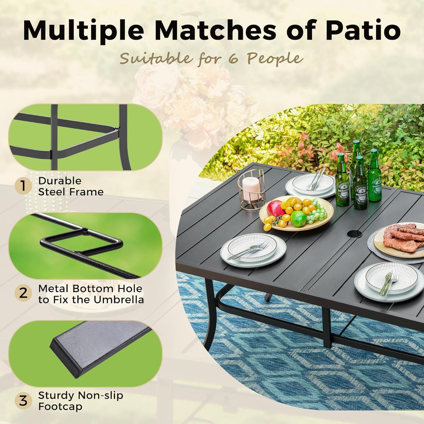 Outdoor Patio Dining Table for 6, 60" x 35" Rectangular Metal Patio Dining Table with Umbrella Hole for Garden, Backyard and Porch
