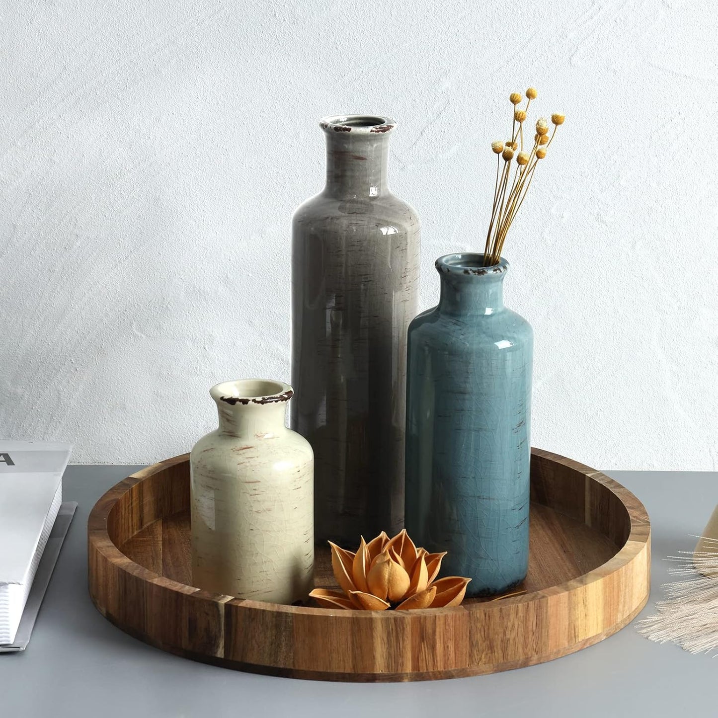 CUCUMI Ceramic Flower Vases Set of 3, Rustic Coastal Home Decor for Farmhouse Shelves, Ocean Beach Style, Mantle, Fireplace, Coffee Table, Shelf for Living Room