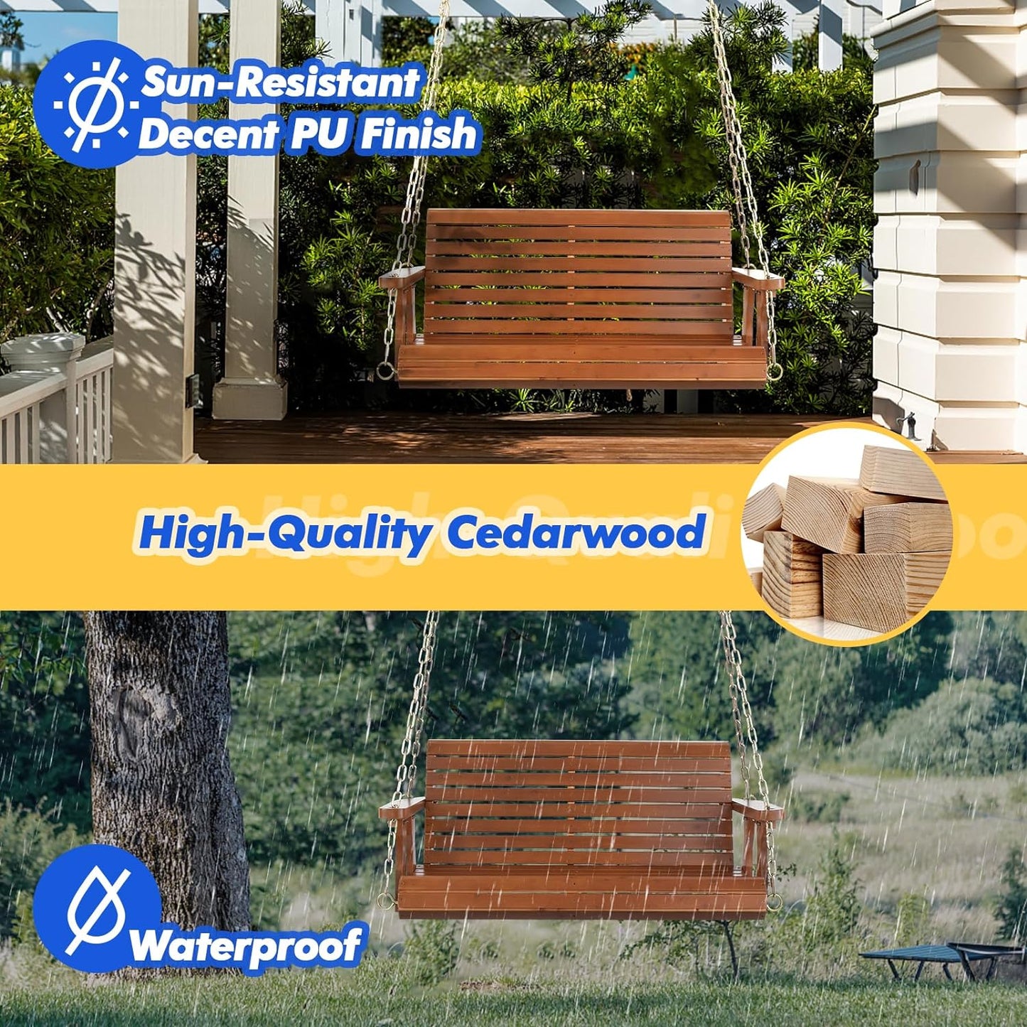 VINGLI Upgraded Patio Wooden Porch Swing for Courtyard & Garden, Heavy Duty 880 LBS Swing Chair Bench with Hanging Chains for Outdoors (Brown, 4 FT)