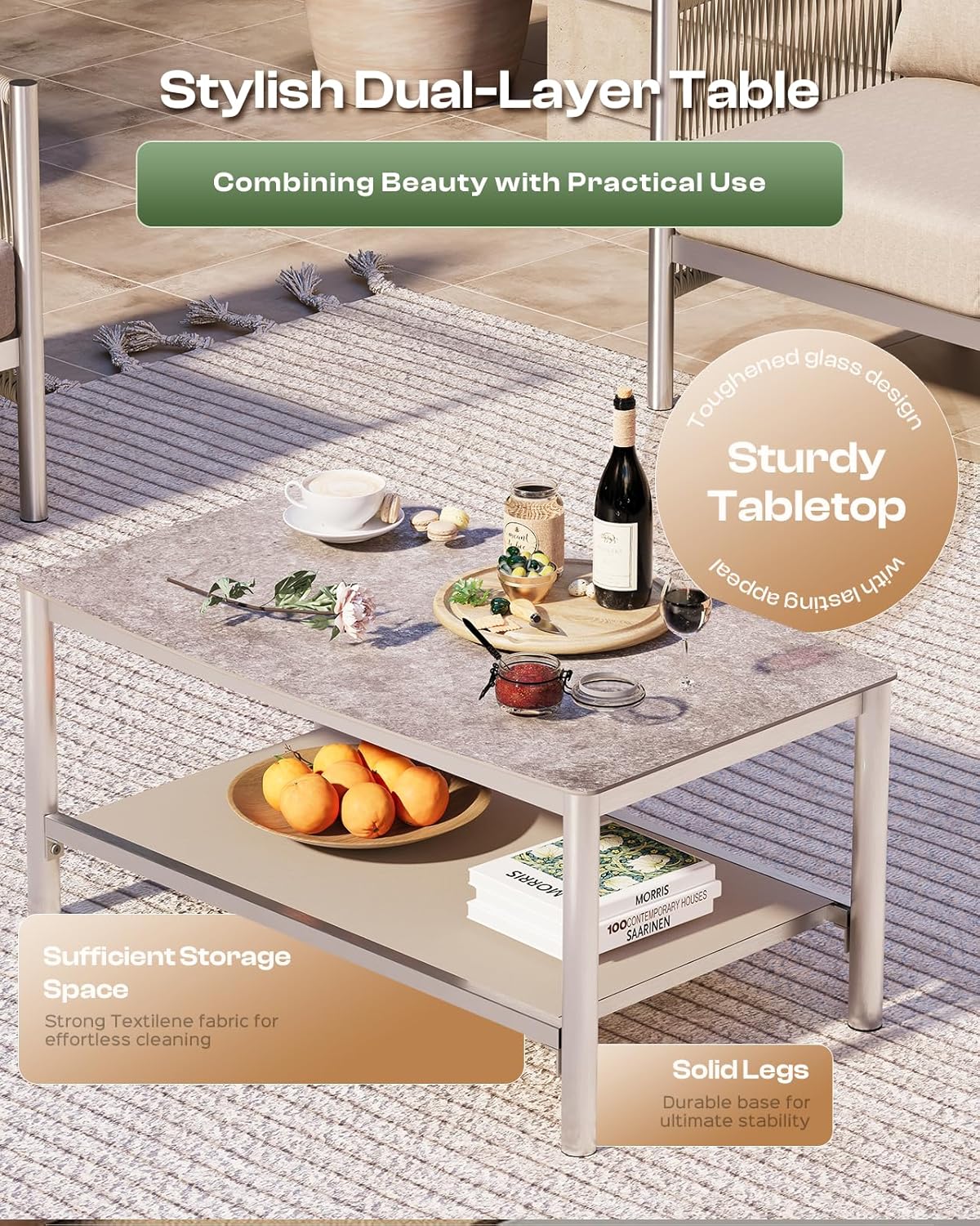 Aluminum Outdoor Patio Furniture Set, HDPE Rope 5 Piece Modern Sectional Conversation Sets with Dual-Layer Coffee Table, All Weather Patio Couch Set with Thick Cushions, Silver Frame, Beige