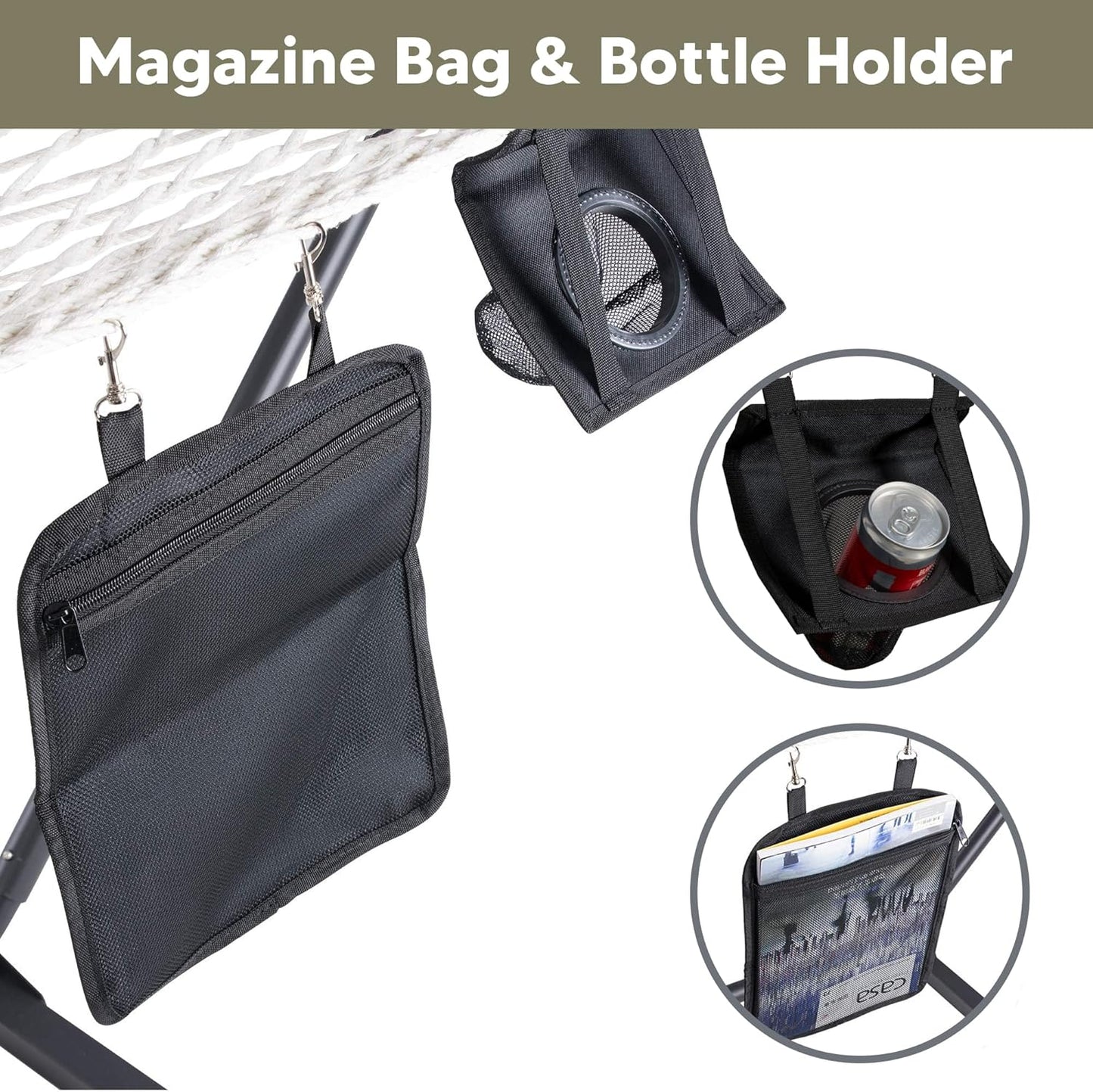 SUNCREAT Cotton Rope Hammock for Two People with Hardwood Spreader Bars, Quilted Fabric Pad & Detachable Pillow, Extra Large Hammock with 12 FT Steel Stand, Ipad Bag & Cup Holder, Green&Beige