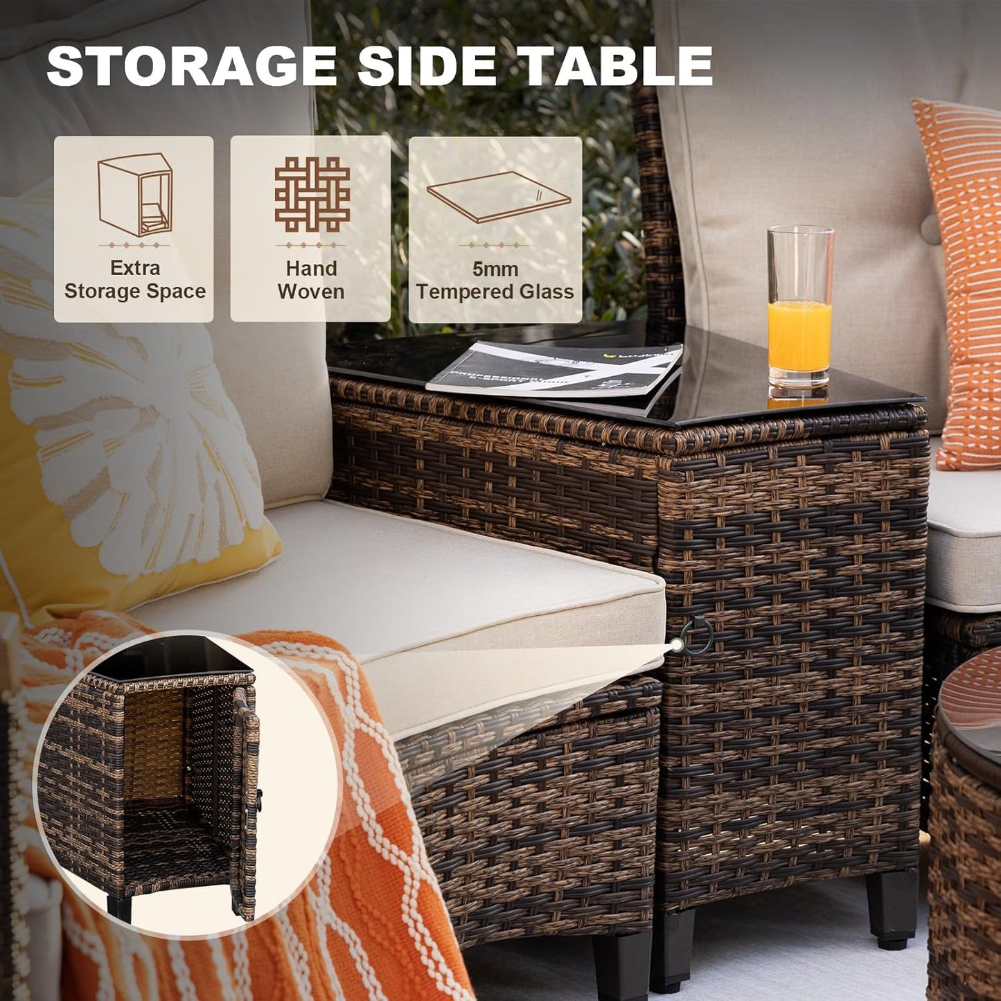 11 Piece Outdoor Patio Furniture Set, Half-Moon Curved Sectional Sofa Rattan Conversation Set with Wood Armrests, Coffee Table & 2 Side Table（Brown）