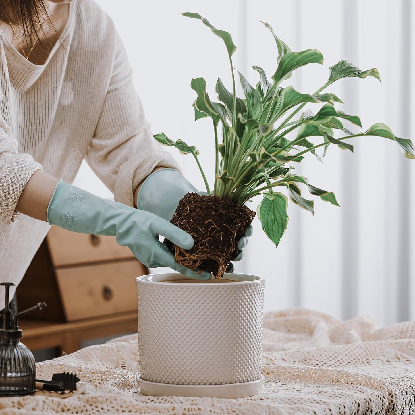 8 Inch Plant Pot: Ceramic Planter with Drainage Hole & Saucer Indoor Outdoor Plants - Flowerpot with Bonded Tray for Home Office - Beaded Embossed Style, Cream White