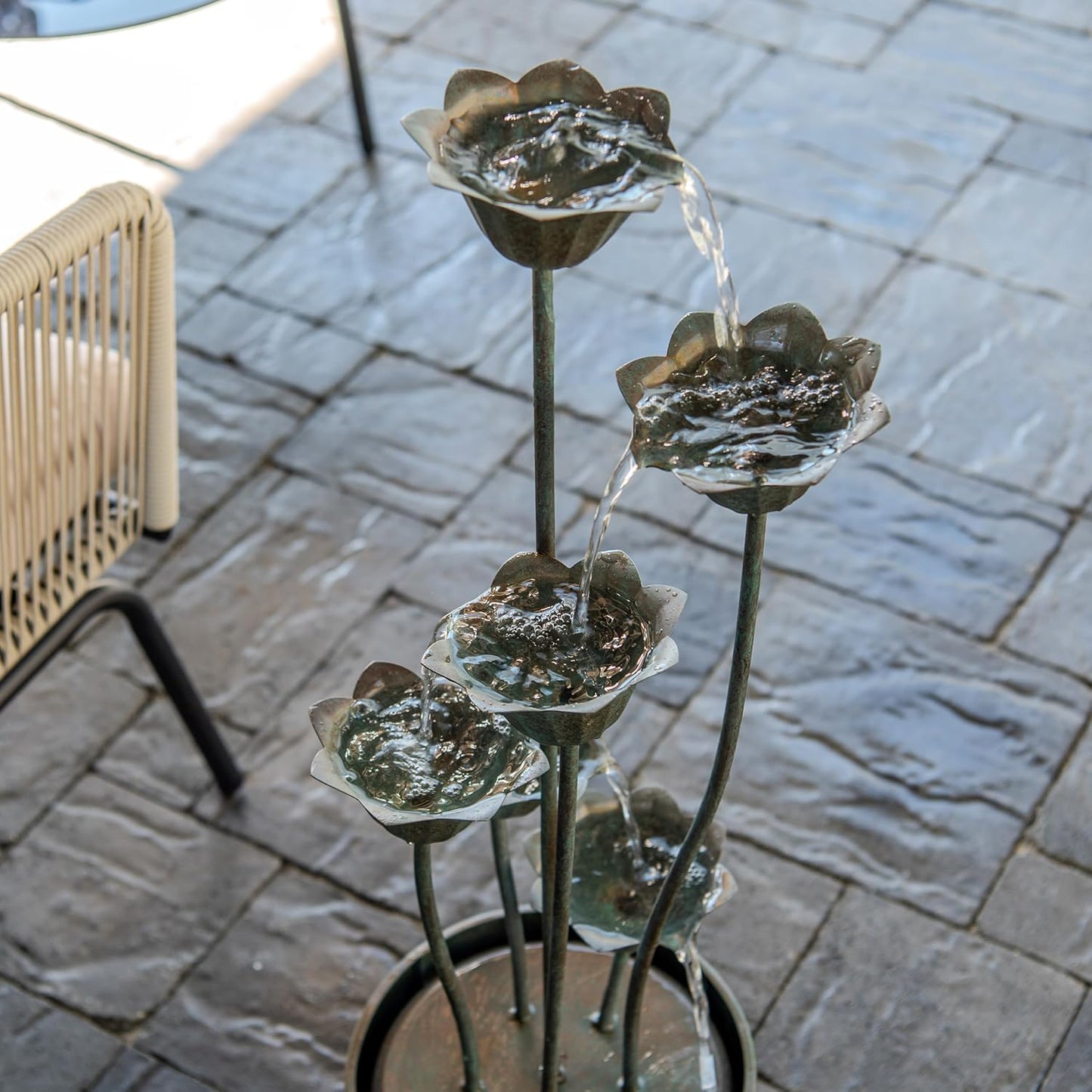 XBrand Freestanding Sculptural Metal Multi-Tiered Flower Water Fountain, No LED Lights, Silver, 35" Tall