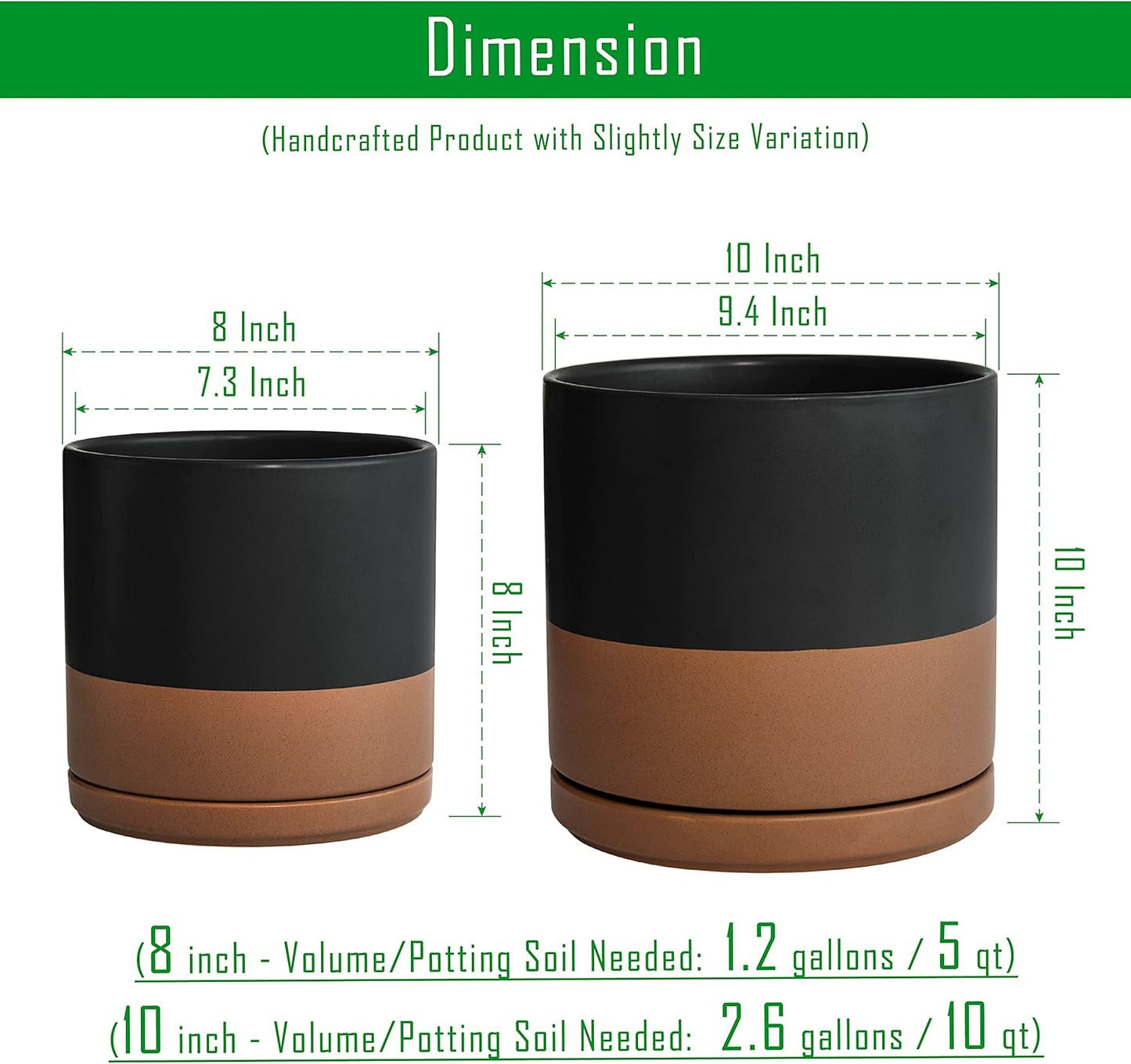 D'vine Dev 8 Inch & 10 Inch Ceramic Planter Pot for Plants with Drainage Hole and Saucer, Large Plant Pots Set, Black/Speckled Tan, 94-G-L-7