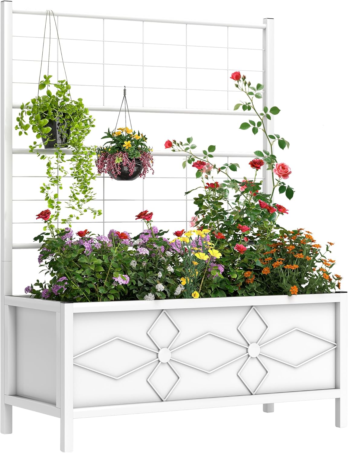 Outsunny Planter Box with Trellis, 35.4 x 15.7 x 47.2 inch Raised Garden Bed with Drainage Holes, Planters for Outdoor Plants, Vegetables, Flowers, Herbs, Trellis Planter, White